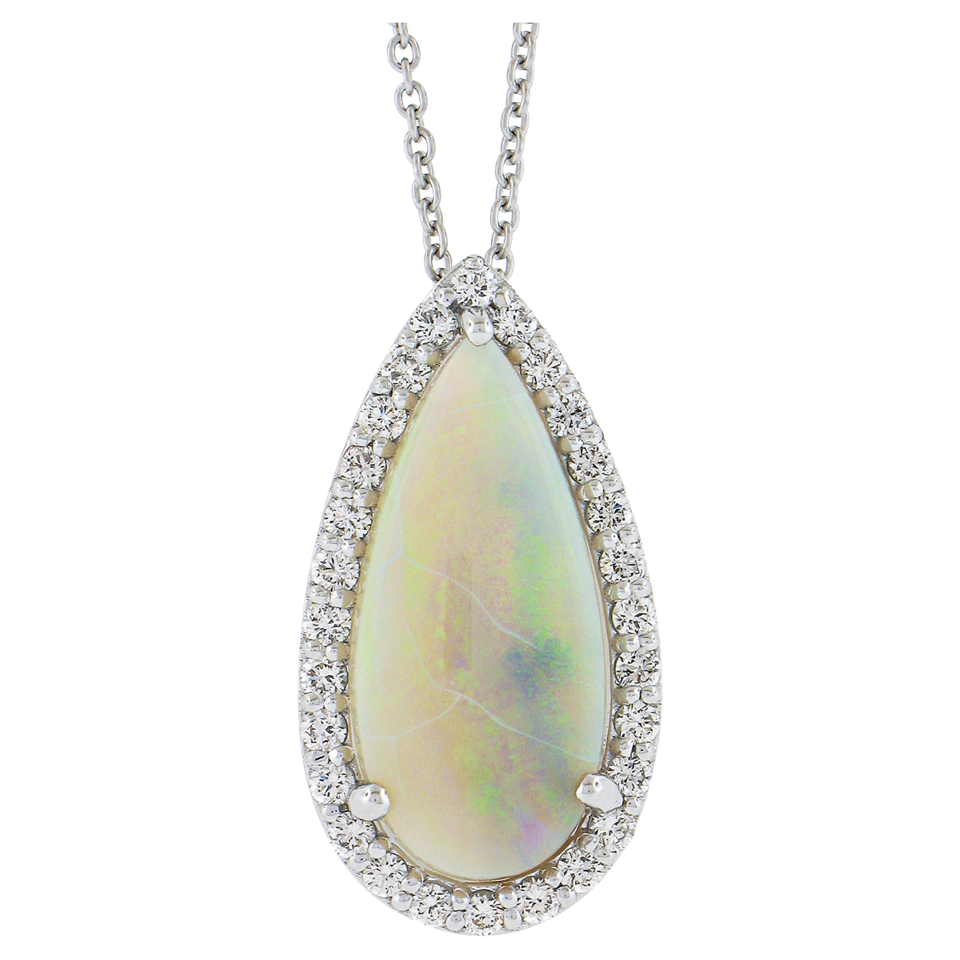 New 14K White Gold 4.7ctw Pear Opal & Diamond Halo Pendant 16" or 18" Chain Link For Sale