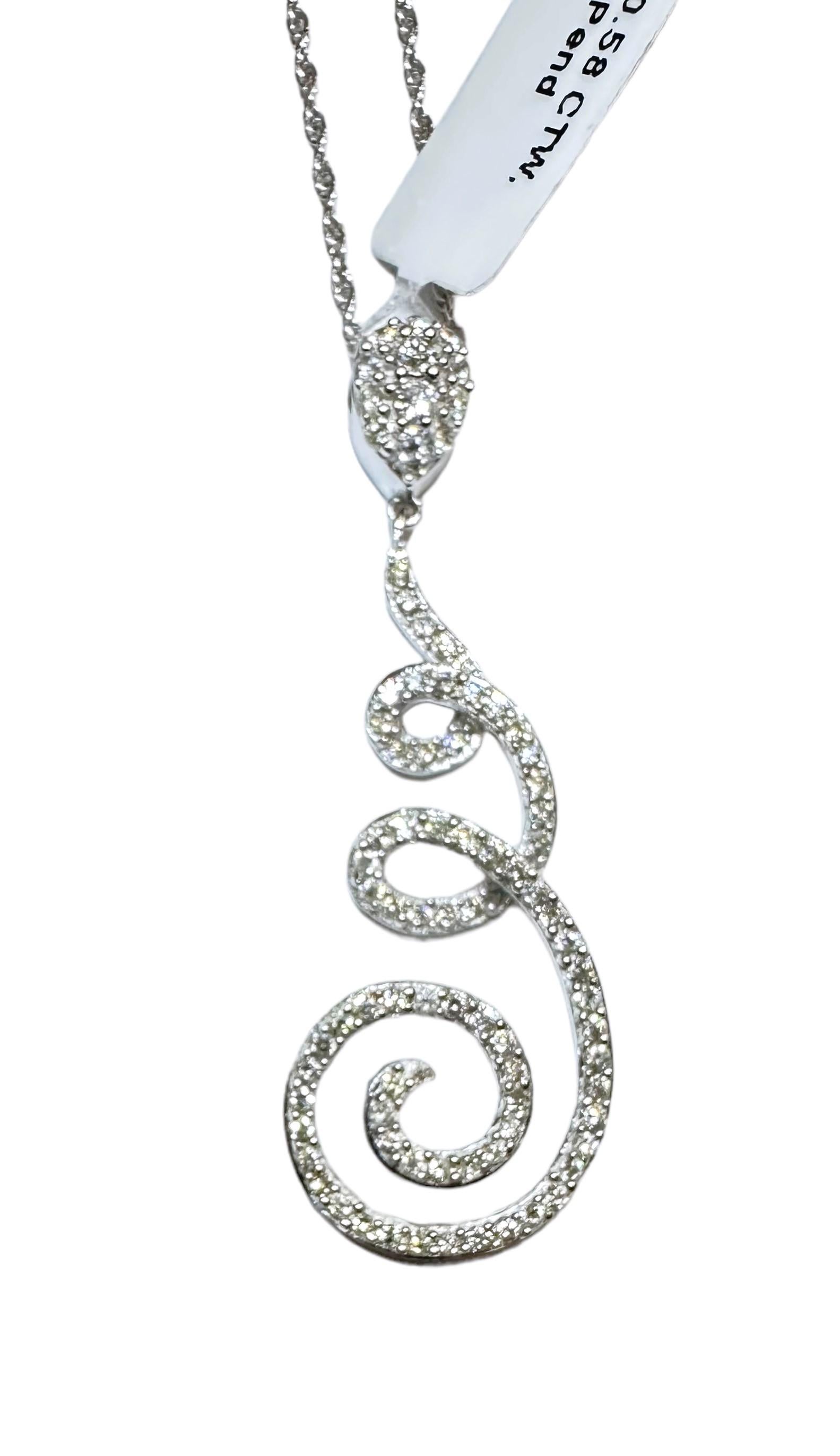 Art Deco New 14k White Gold .58 Carat Natural Diamond Pendant Necklace - 17.5 Inches