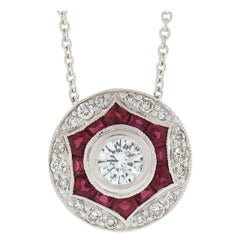 NEW 14K White Gold .62ctw Diamond & Ruby Halo Pendant on 18" Cable Link Necklace