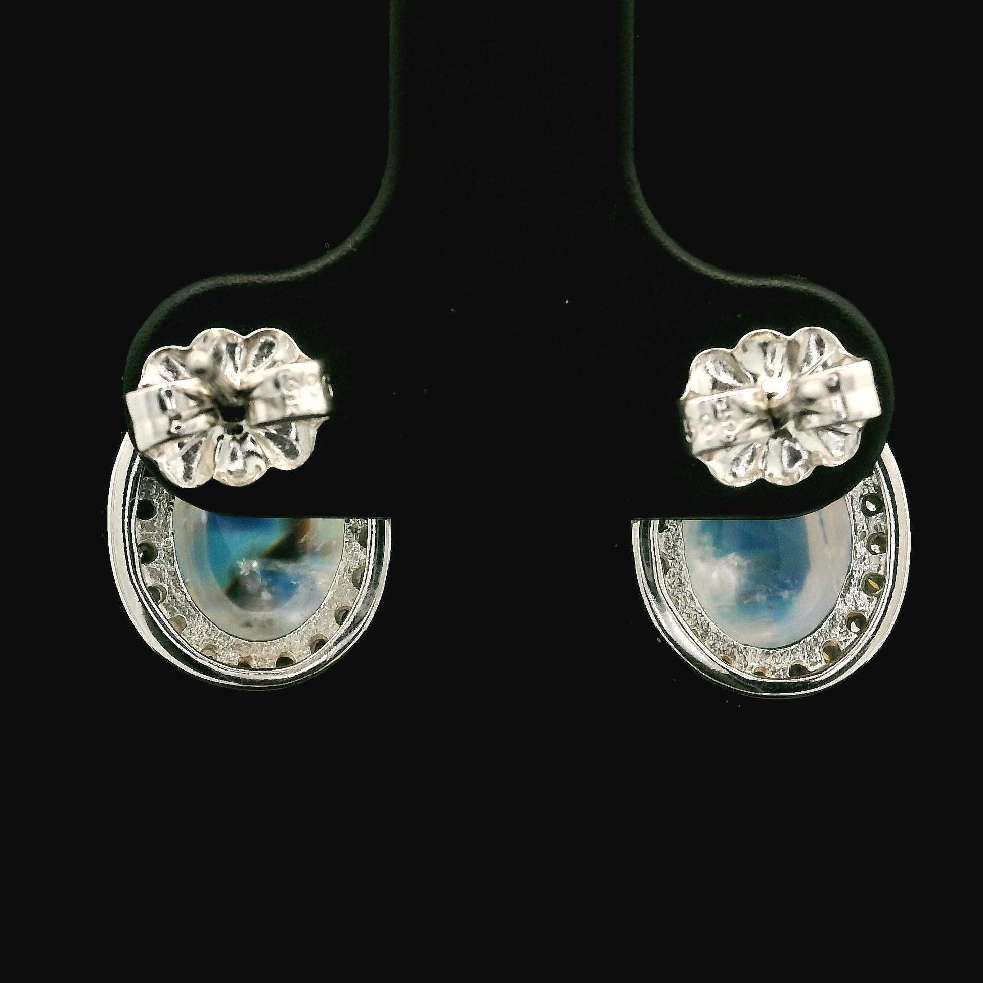 Cabochon New 14k White Gold 6.57ctw Oval Moonstone w/ Diamond Halo Stud Earrings For Sale