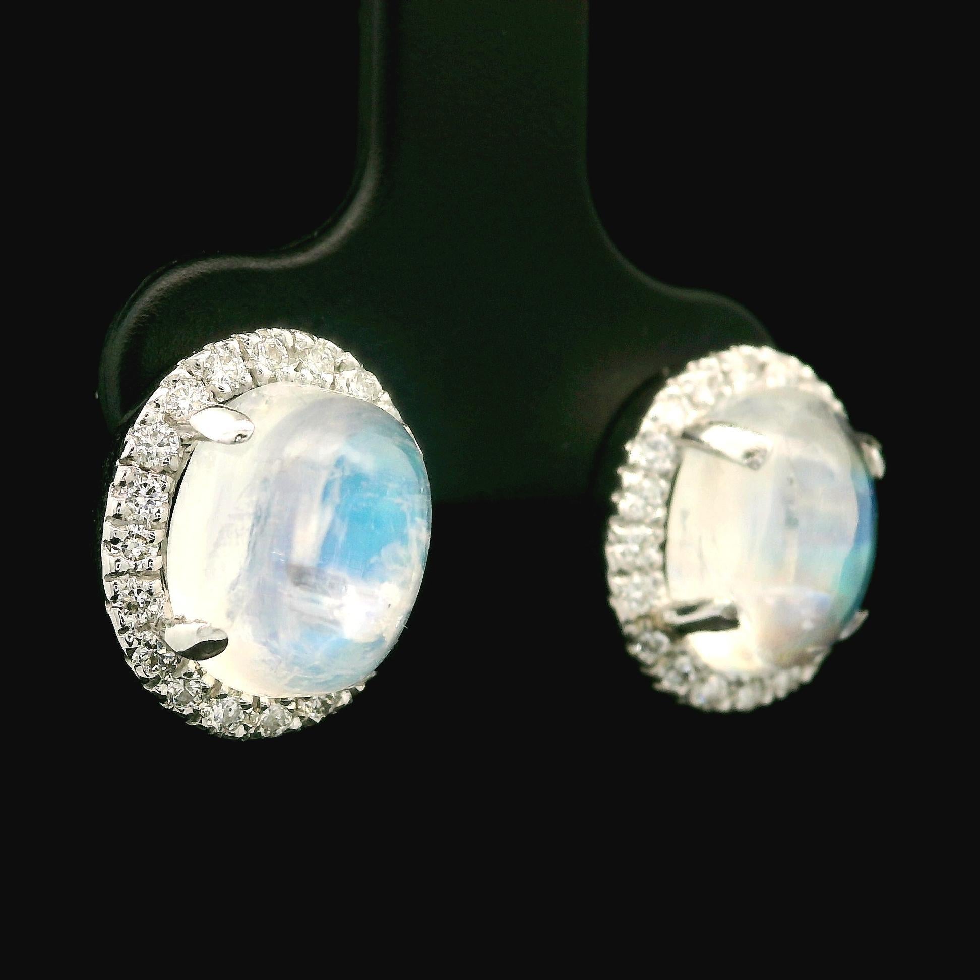 New 14k White Gold 6.57ctw Oval Moonstone w/ Diamond Halo Stud Earrings In New Condition For Sale In Montclair, NJ