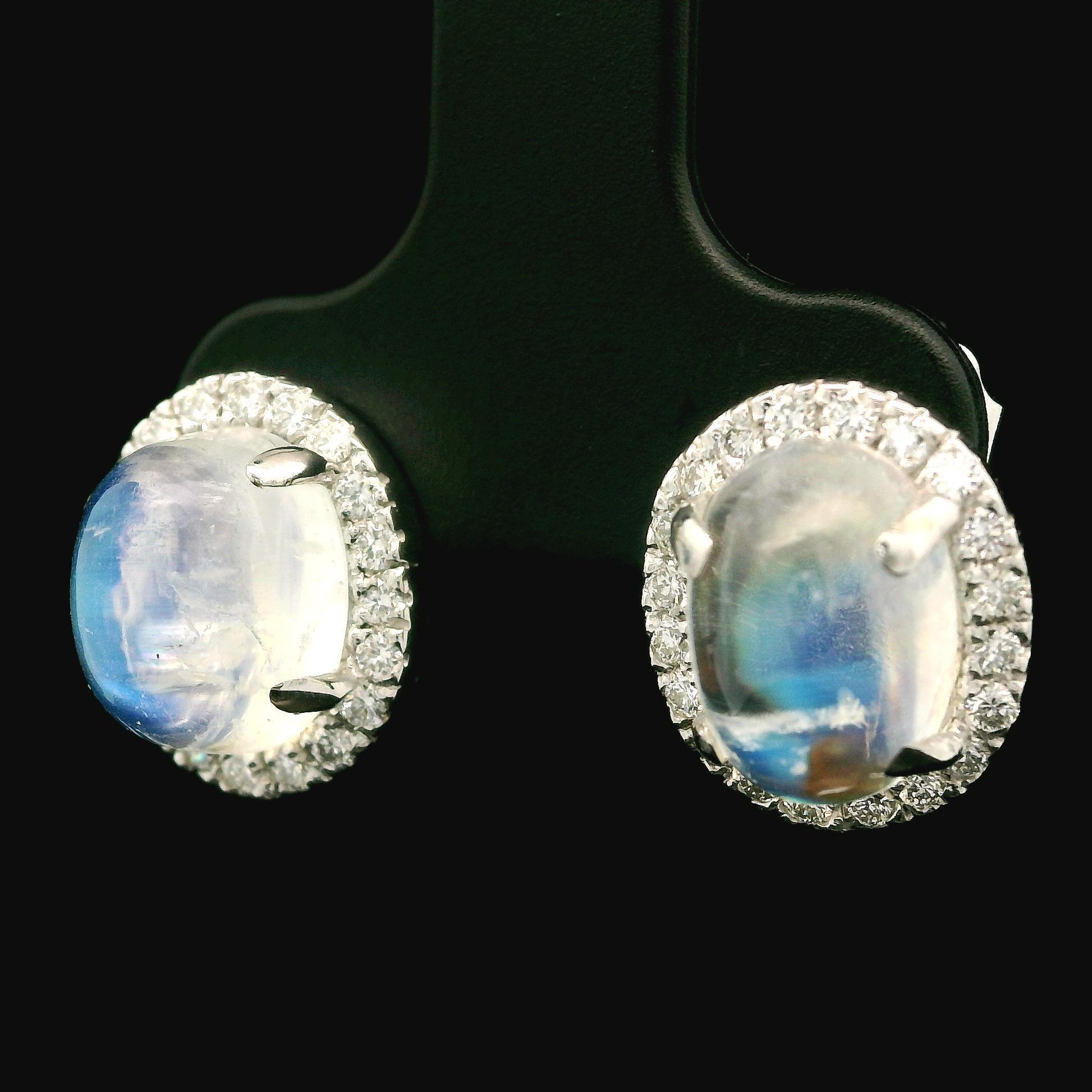 Women's New 14k White Gold 6.57ctw Oval Moonstone w/ Diamond Halo Stud Earrings For Sale