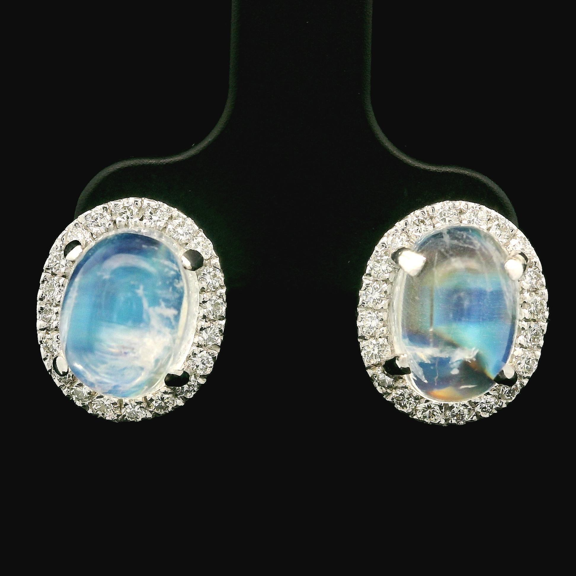 New 14k White Gold 6.57ctw Oval Moonstone w/ Diamond Halo Stud Earrings For Sale 1