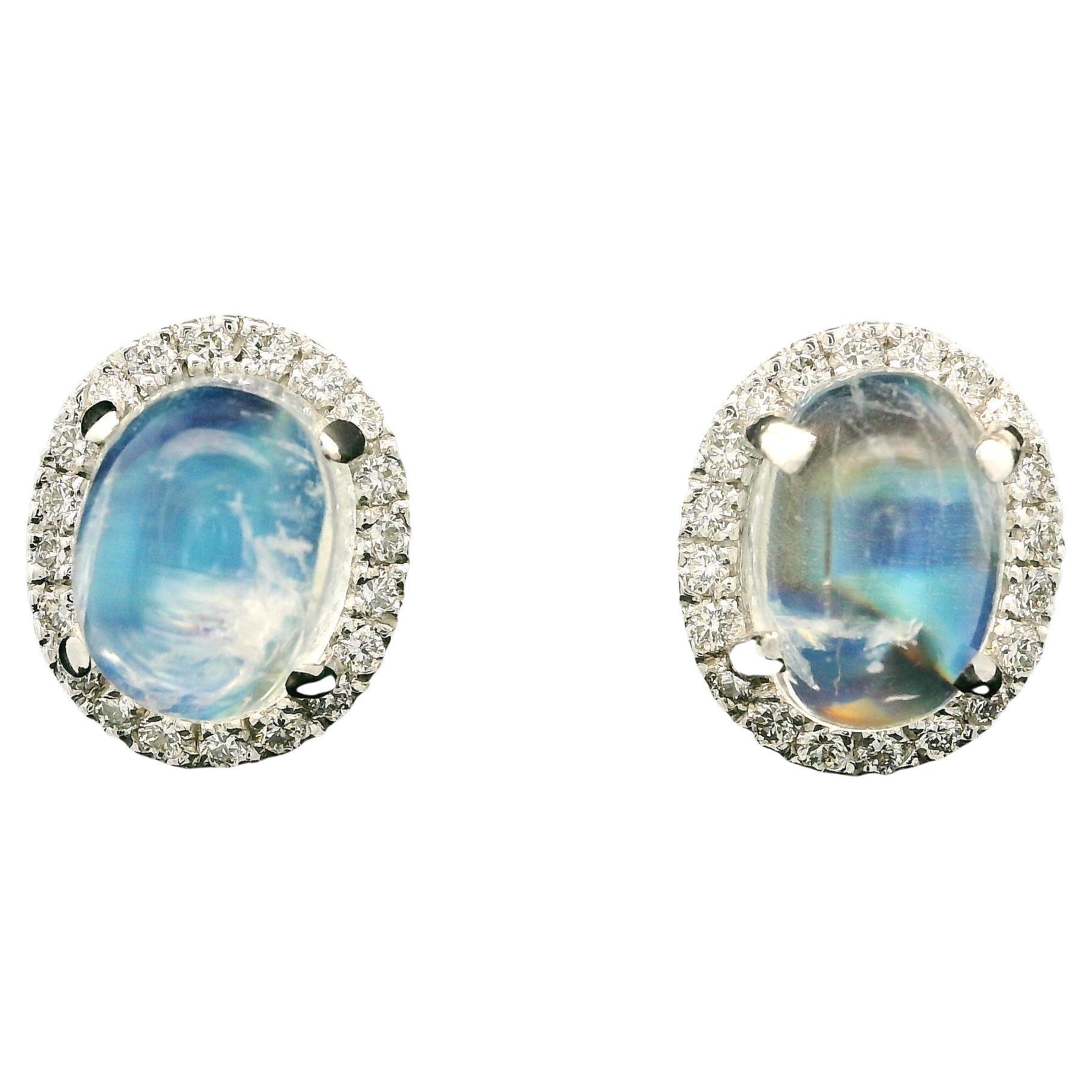 New 14k White Gold 6.57ctw Oval Moonstone w/ Diamond Halo Stud Earrings