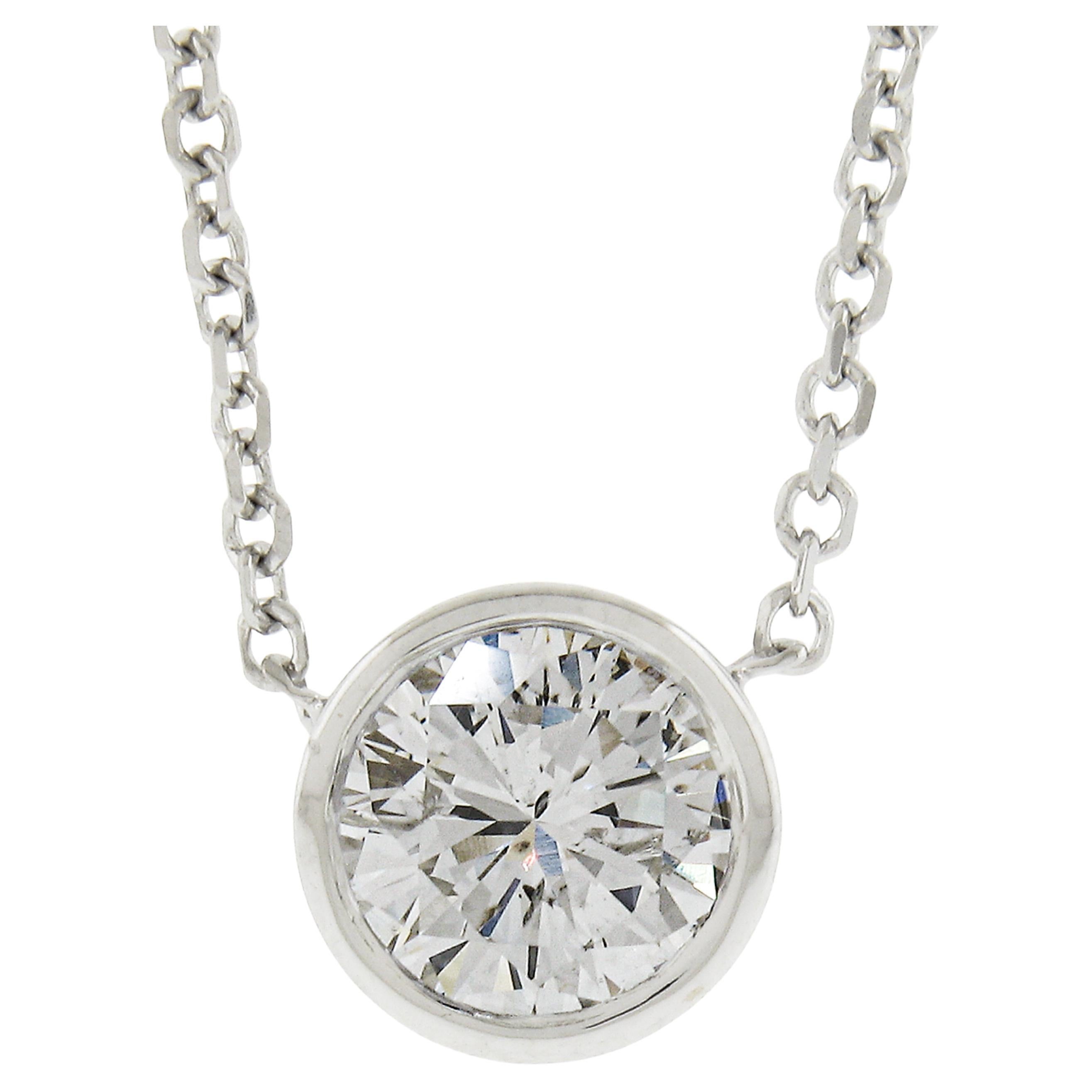 NEW 14k White Gold .70ct GIA Round Diamond Solitaire Pendant & Adjustable Chain For Sale