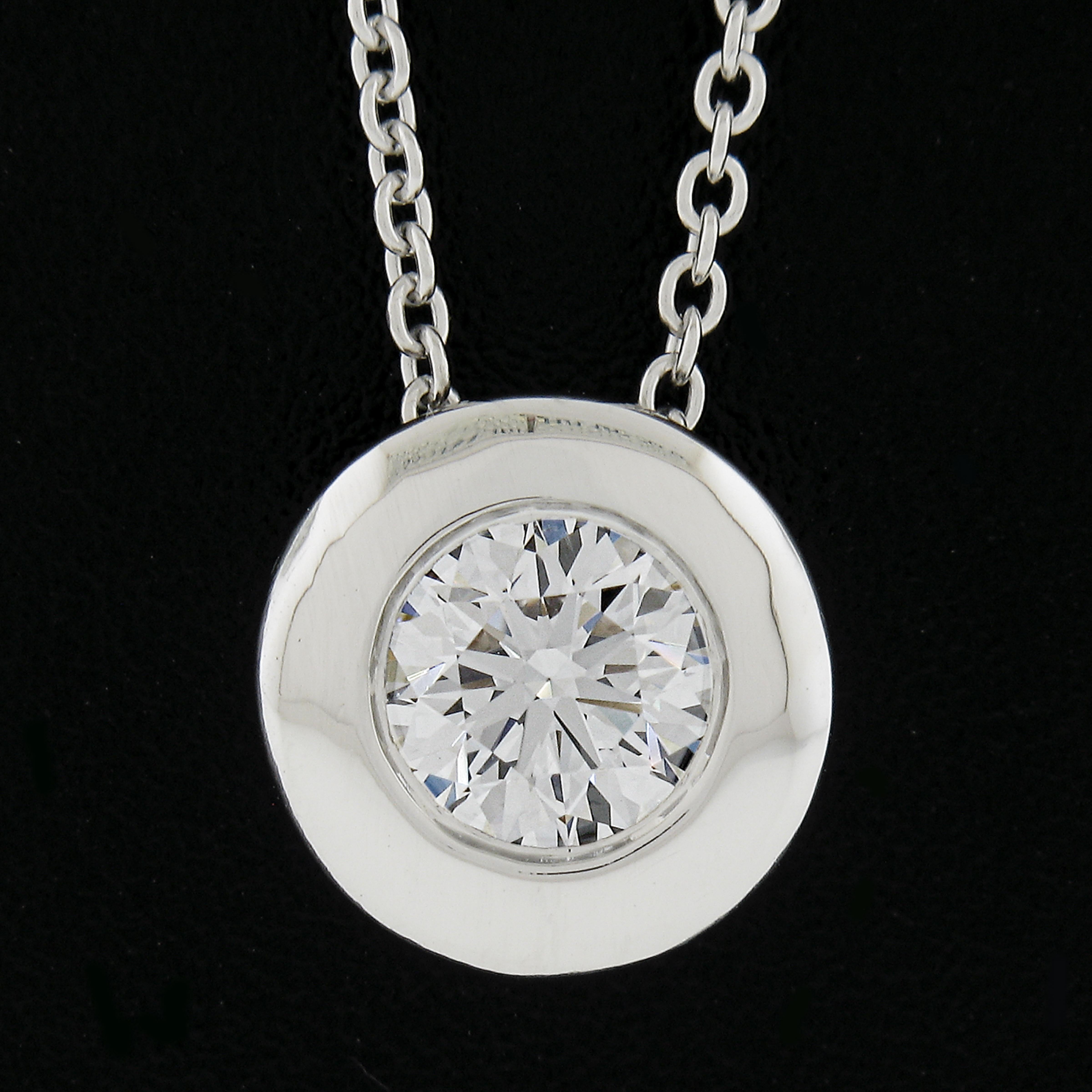 Women's NEW 14k White Gold .74ctw GIA Round Diamond Slide Bezel Solitaire Pendant Chain For Sale