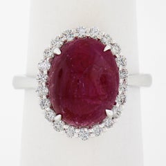 New 14k White Gold 7.9ctw GIA NO HEAT Oval Cabochon Ruby & Diamond Halo Ring