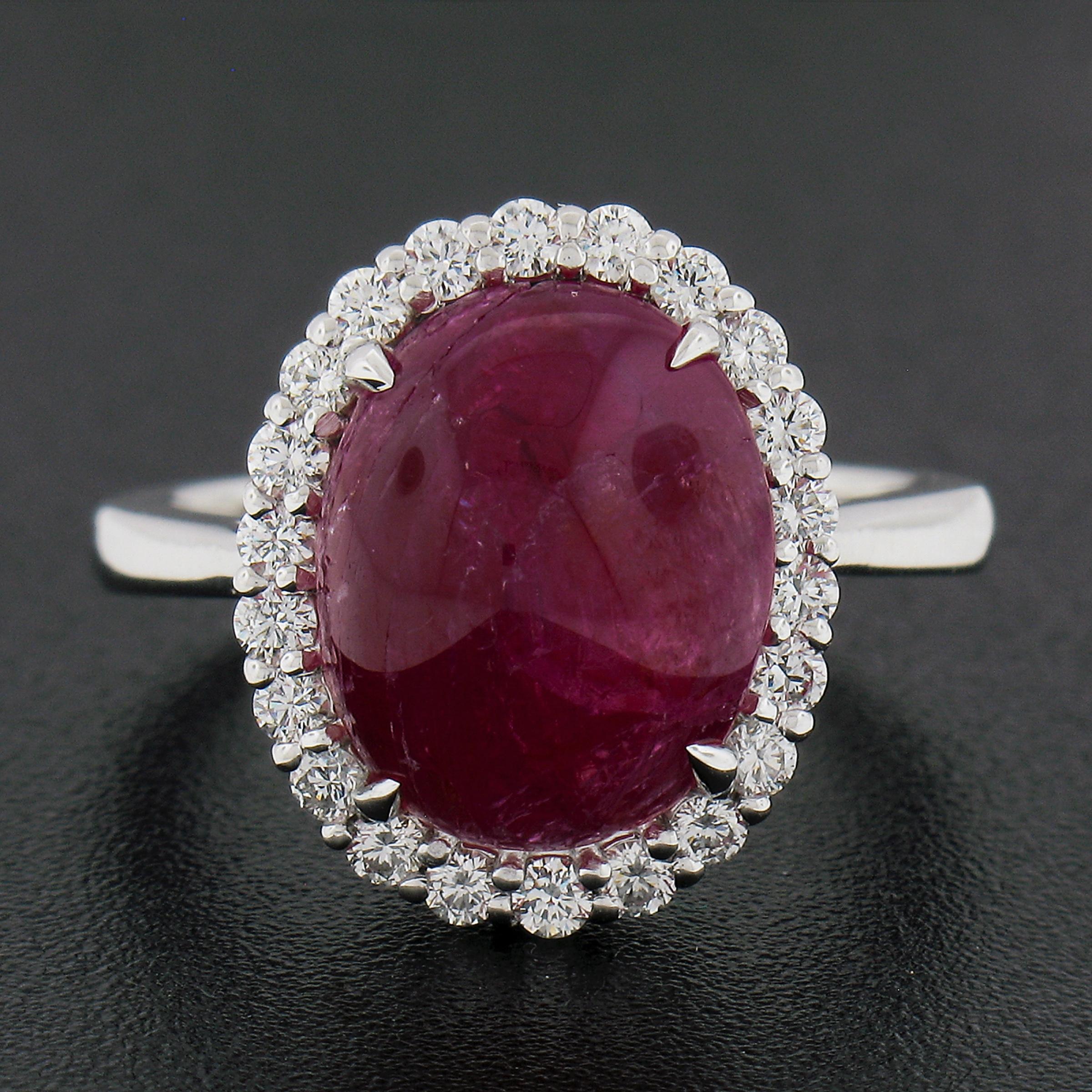 Oval Cut New 14k White Gold 7.9ctw GIA NO HEAT Oval Cabochon Ruby & Diamond Halo Ring For Sale