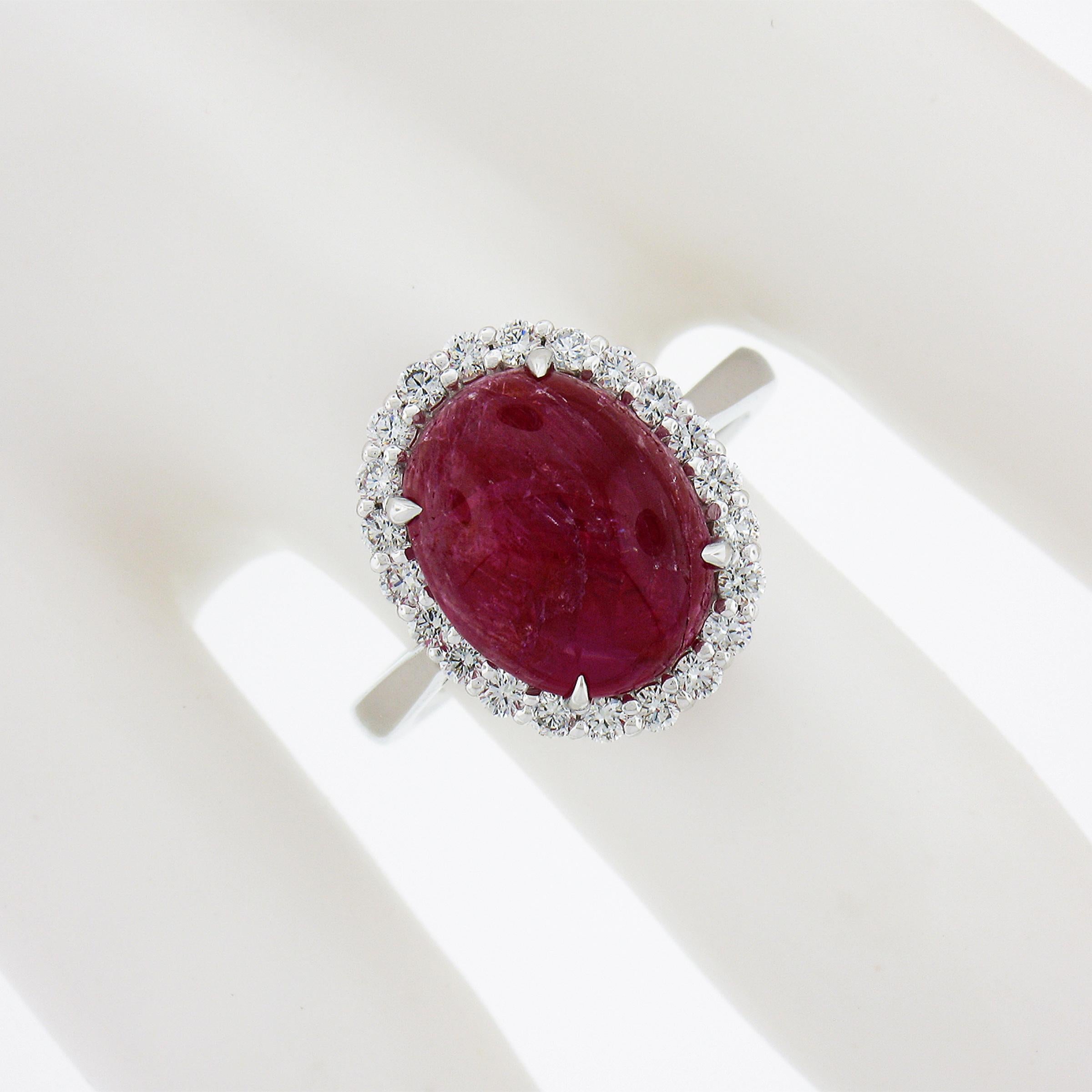New 14k White Gold 7.9ctw GIA NO HEAT Oval Cabochon Ruby & Diamond Halo Ring In New Condition For Sale In Montclair, NJ