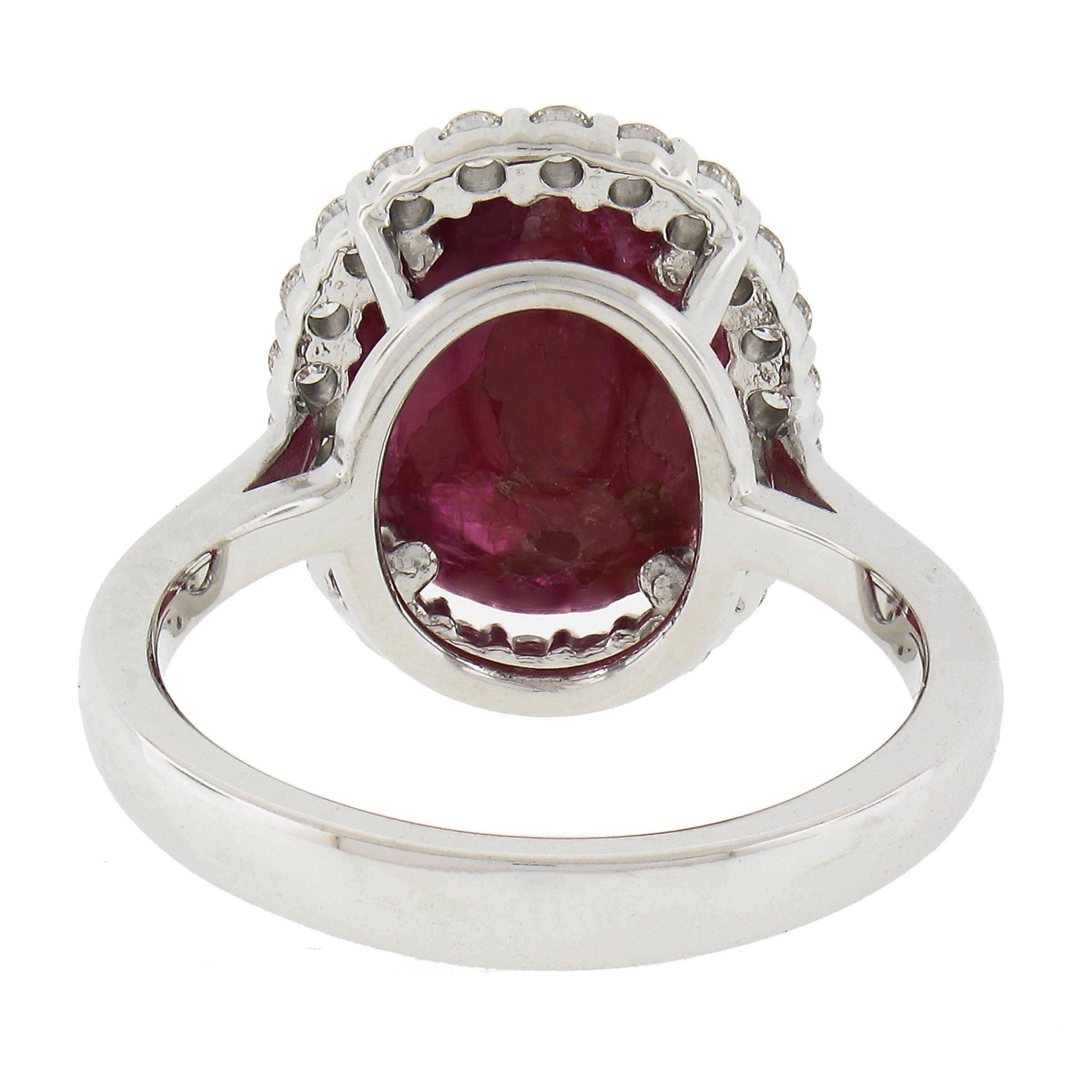 New 14k White Gold 7.9ctw GIA NO HEAT Oval Cabochon Ruby & Diamond Halo Ring For Sale 1