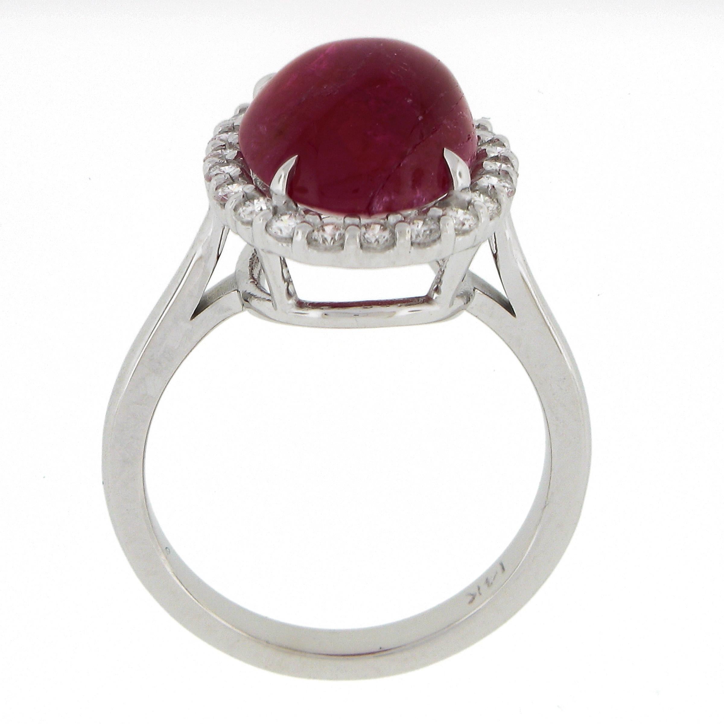 New 14k White Gold 7.9ctw GIA NO HEAT Oval Cabochon Ruby & Diamond Halo Ring For Sale 2