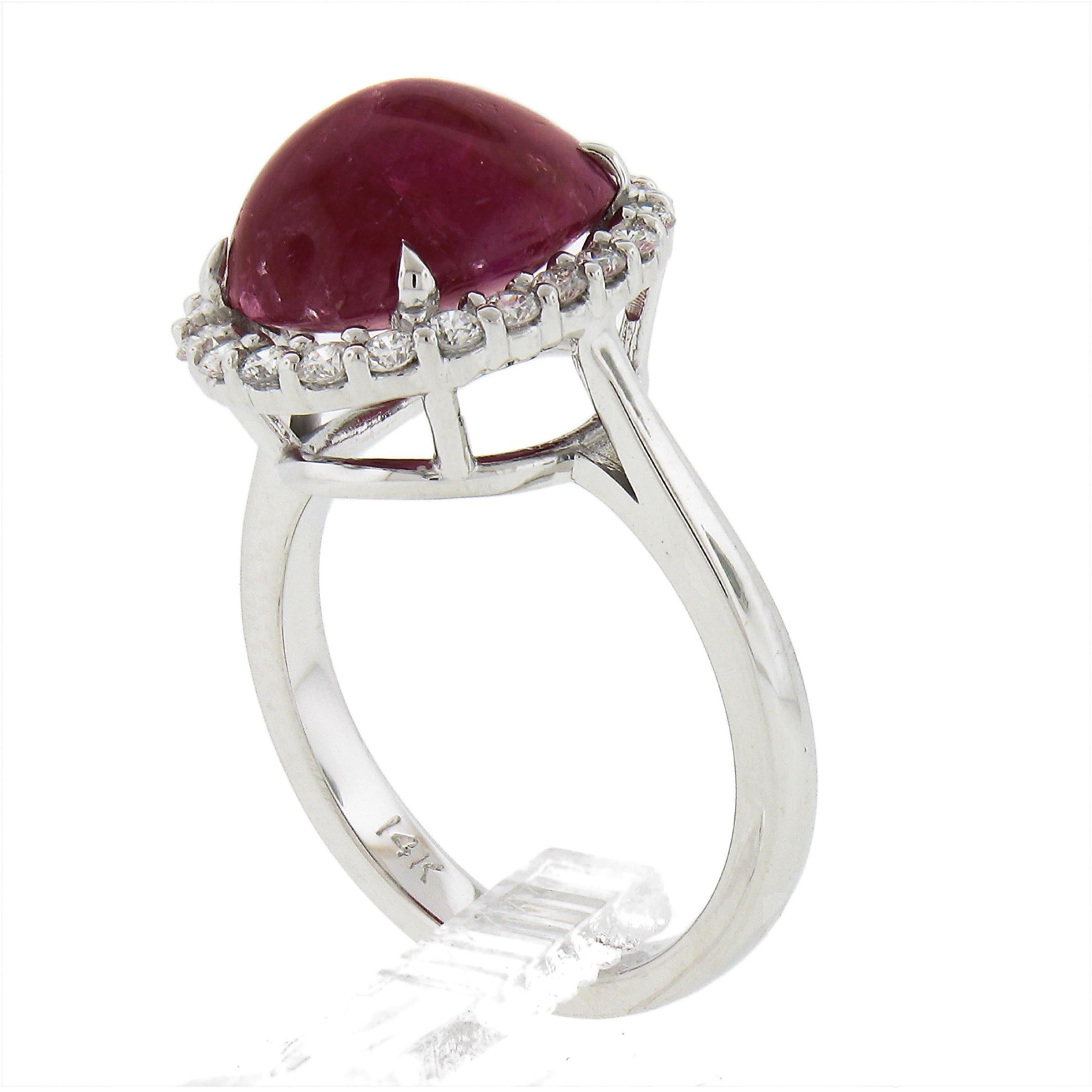 New 14k White Gold 7.9ctw GIA NO HEAT Oval Cabochon Ruby & Diamond Halo Ring For Sale 3