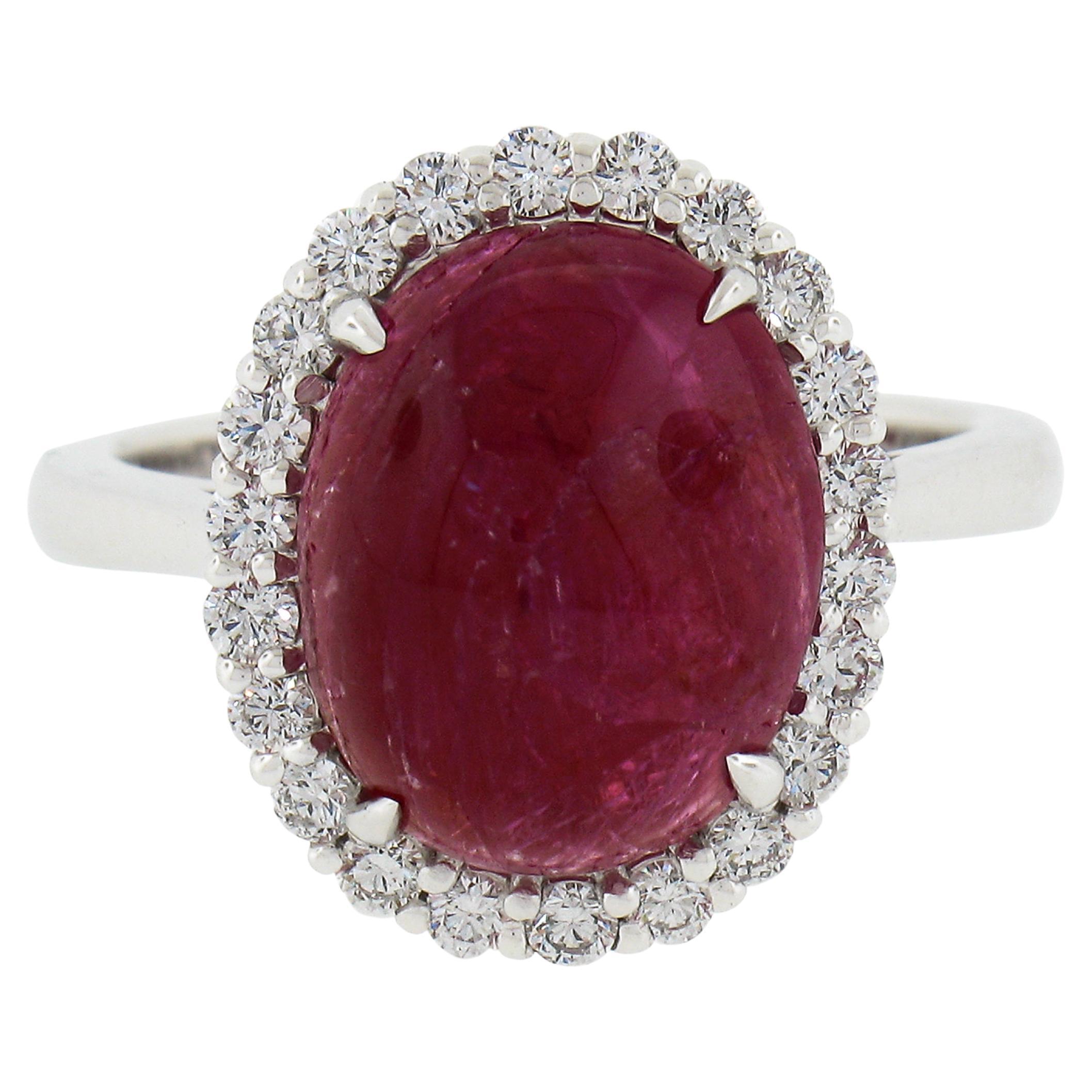 New 14k White Gold 7.9ctw GIA NO HEAT Oval Cabochon Ruby & Diamond Halo Ring For Sale