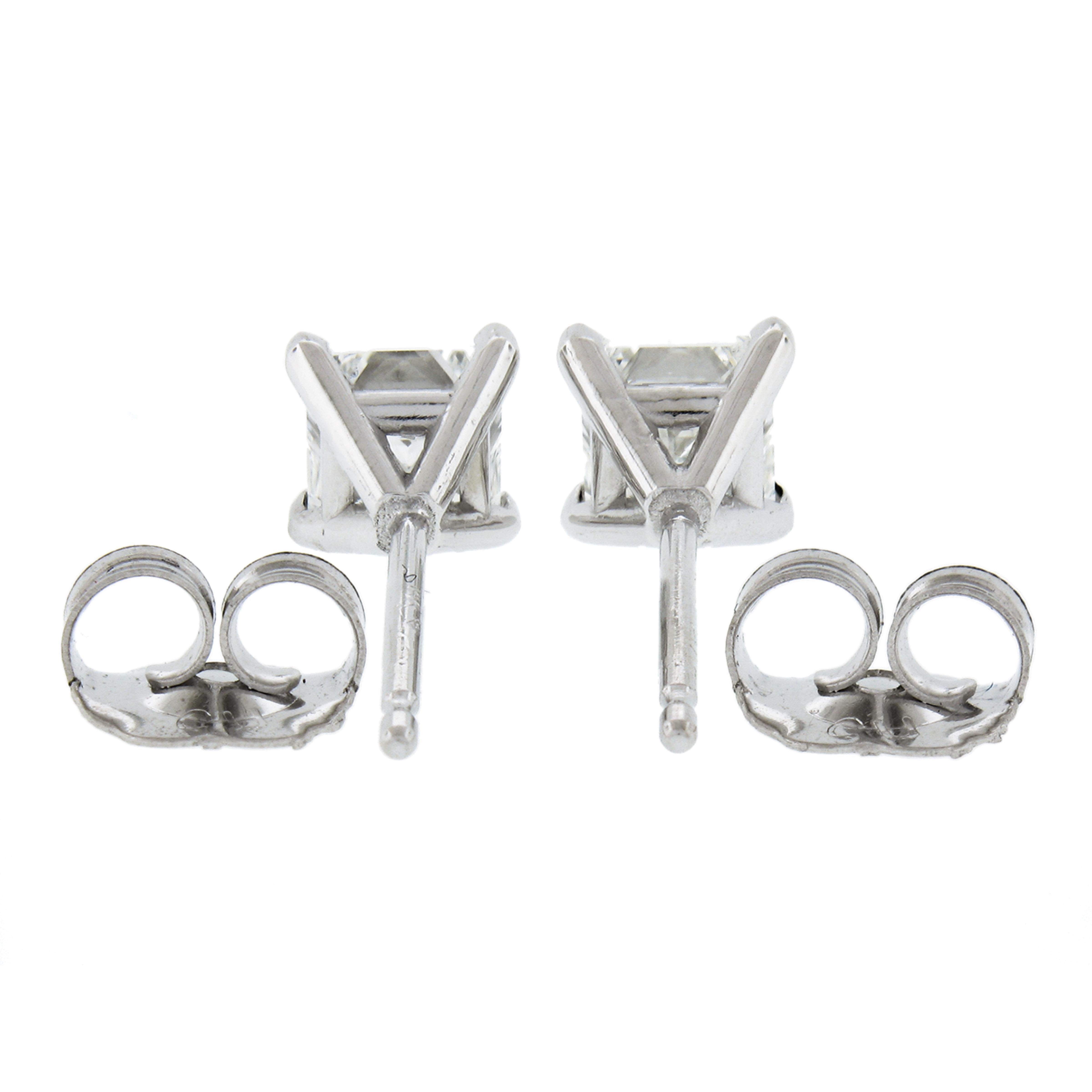 Princess Cut New 14k White Gold .82ct Martini Prong Set Square Princess Diamond Stud Earrings For Sale