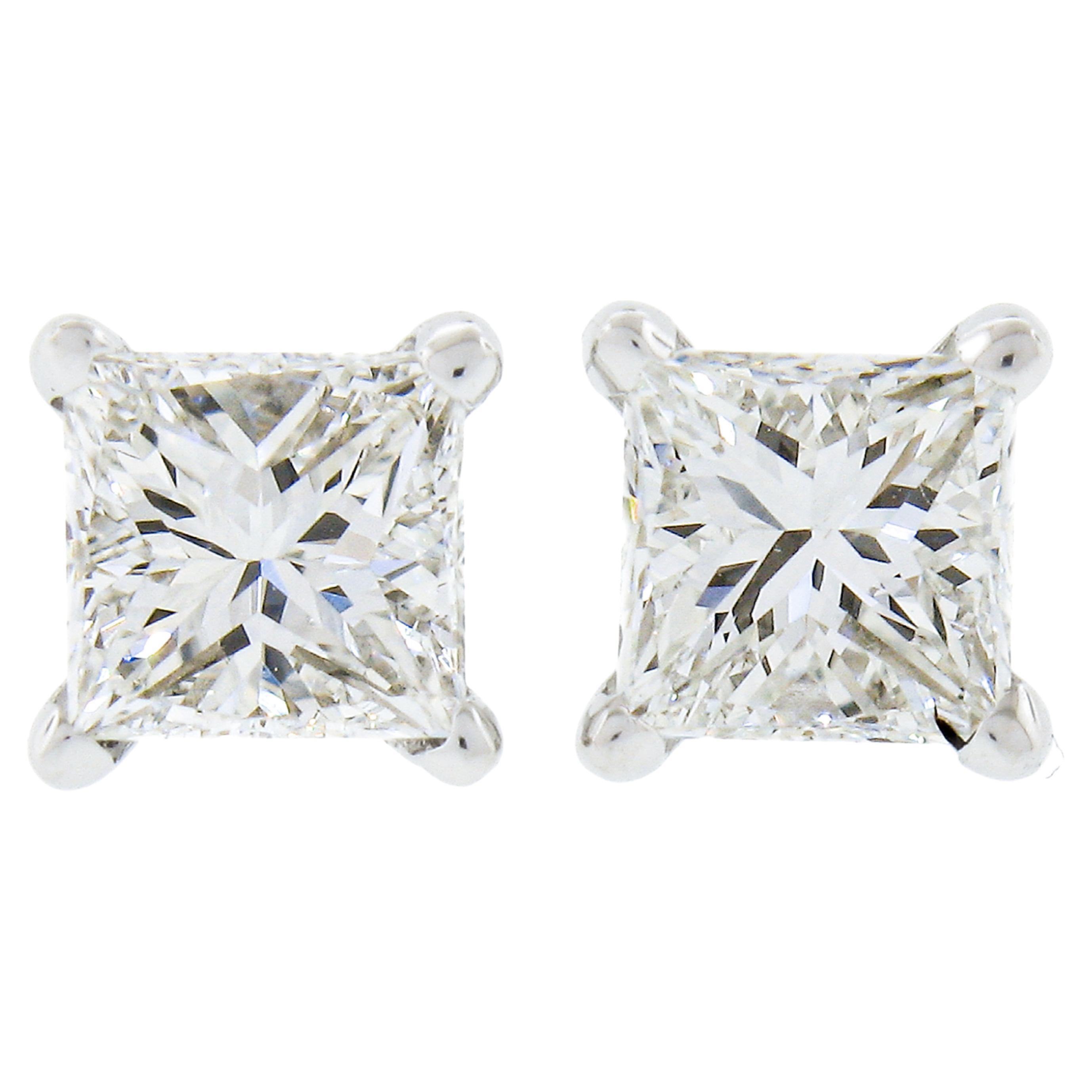New 14k White Gold .82ct Martini Prong Set Square Princess Diamond Stud Earrings For Sale