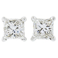 New 14k White Gold .82ct Martini Prong Set Square Princess Diamond Stud Earrings