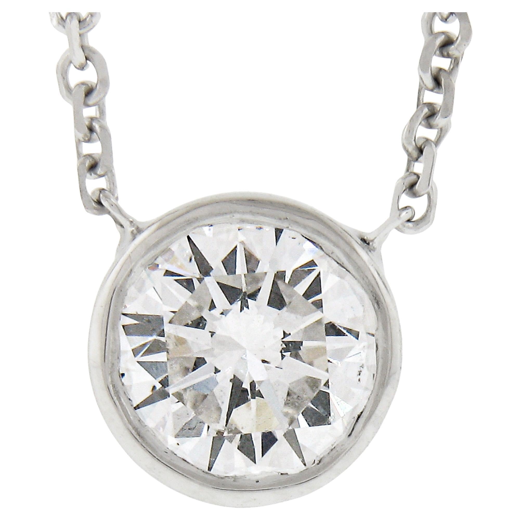 NEW 14k White Gold .84ctw GIA Round Diamond Solitaire Pendant & Adjustable Chain For Sale