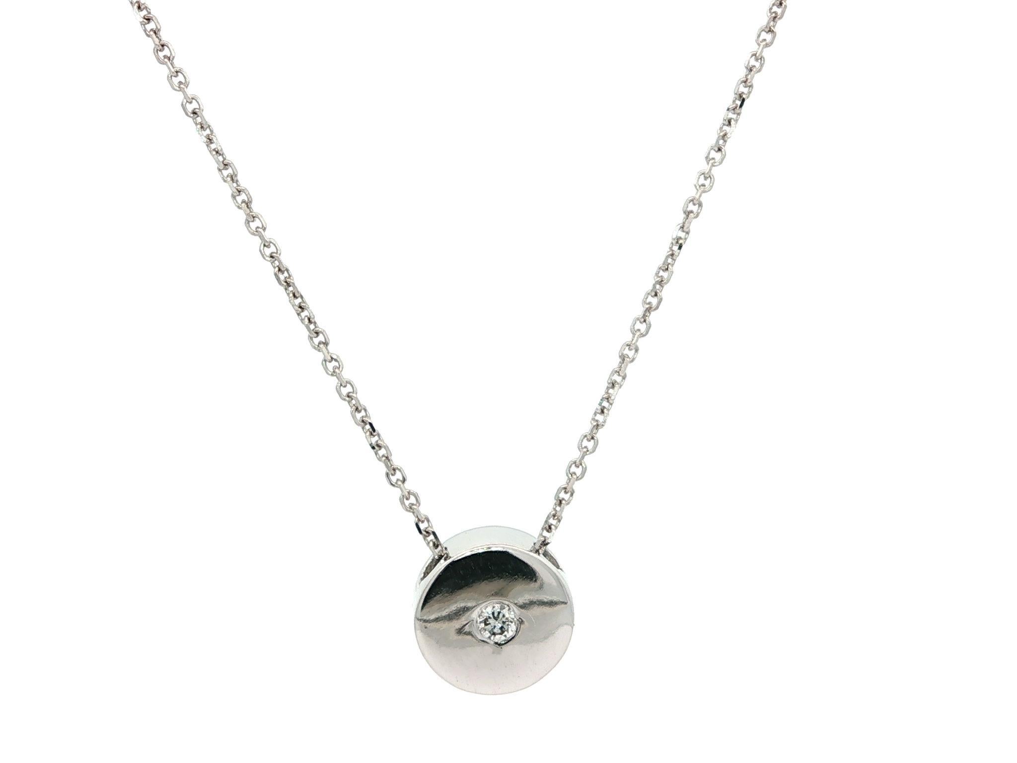 New 14k White Gold Diamond Round Circle Disk Slide Pendant Necklace Neuf - En vente à Montclair, NJ