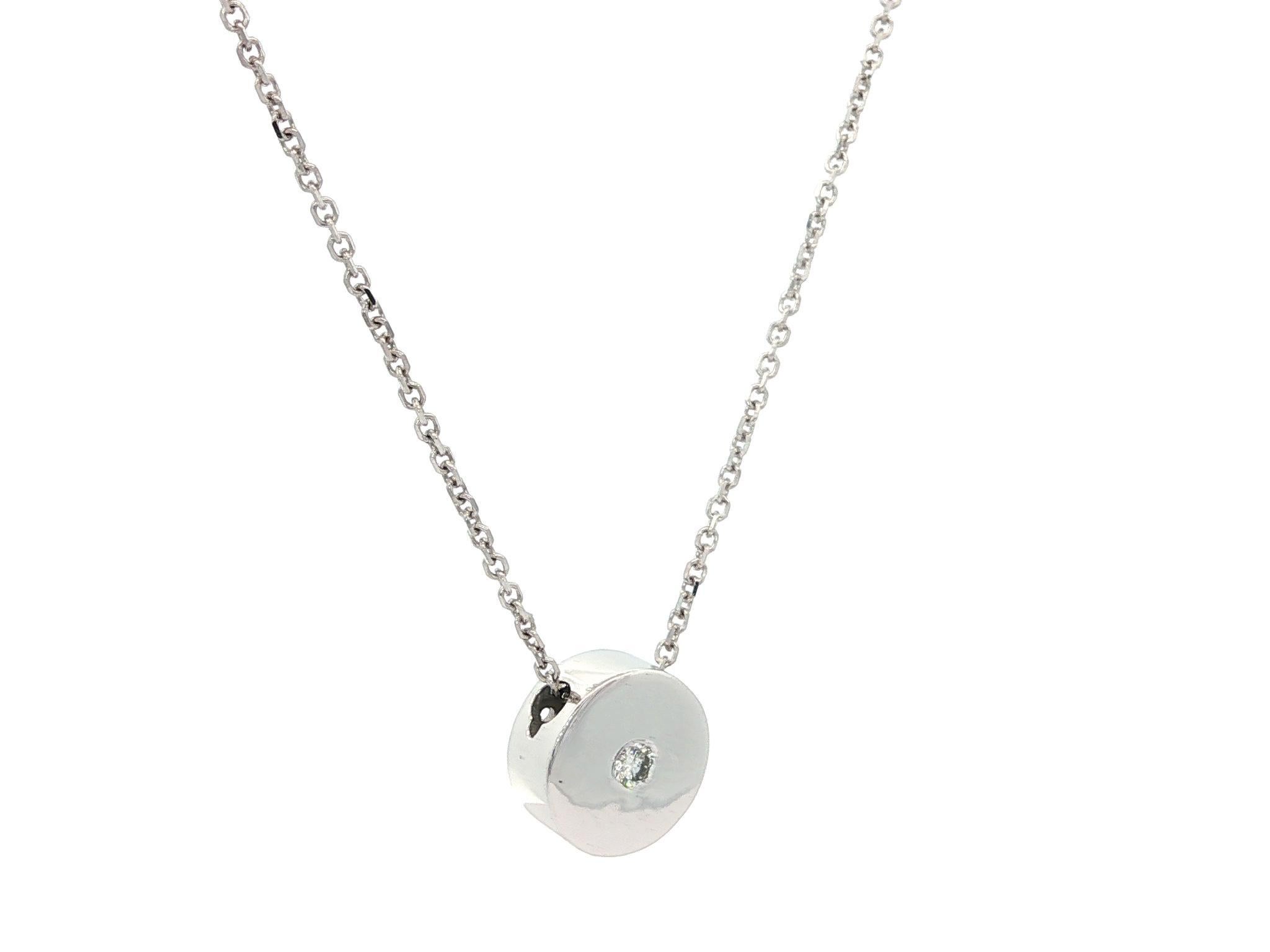 New 14k White Gold Diamond Round Circle Disk Slide Pendant Necklace Pour femmes en vente