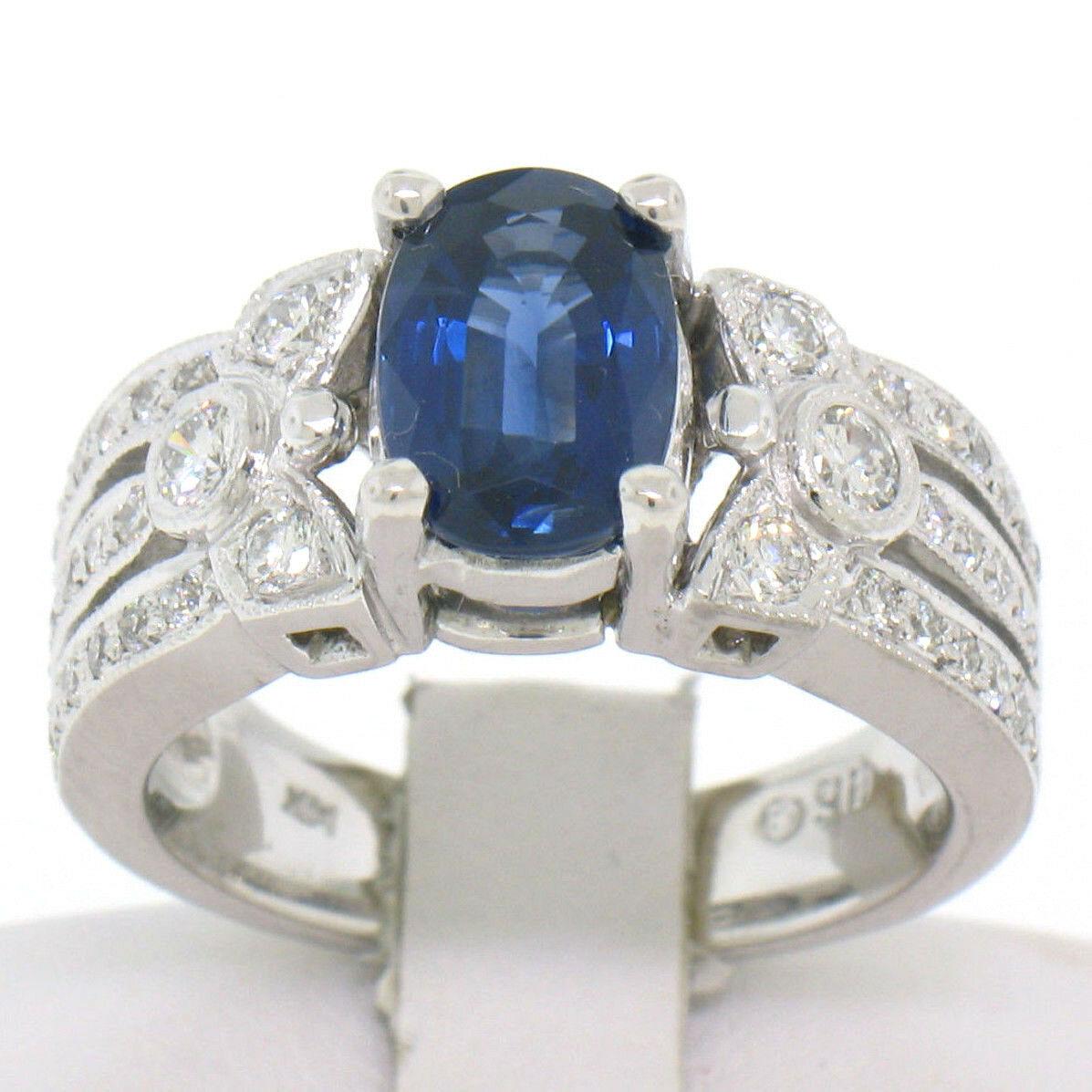 Oval Cut 14k White Gold EGL 2.18ct Oval Royal Blue Sapphire & Diamond Engagement Ring