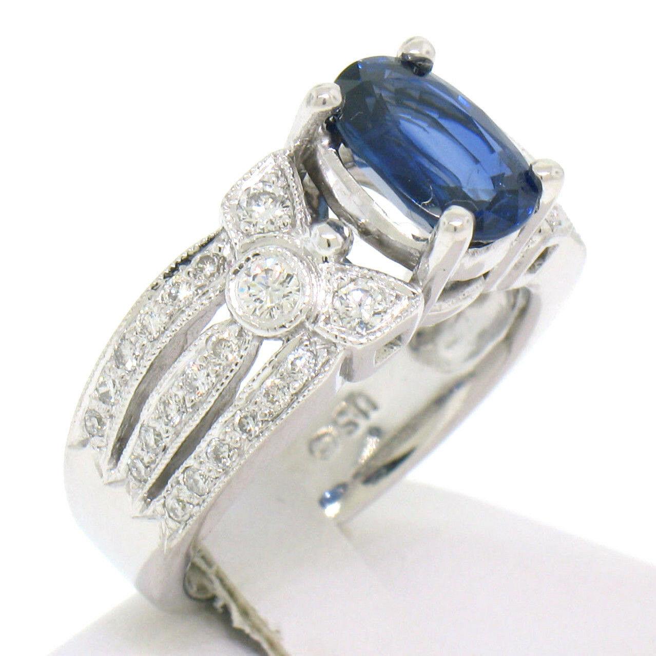 14k White Gold EGL 2.18ct Oval Royal Blue Sapphire & Diamond Engagement Ring 1
