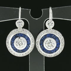 New 14k White Gold European Bezel Diamond W/ Calibre Sapphire Halo Drop Earrings
