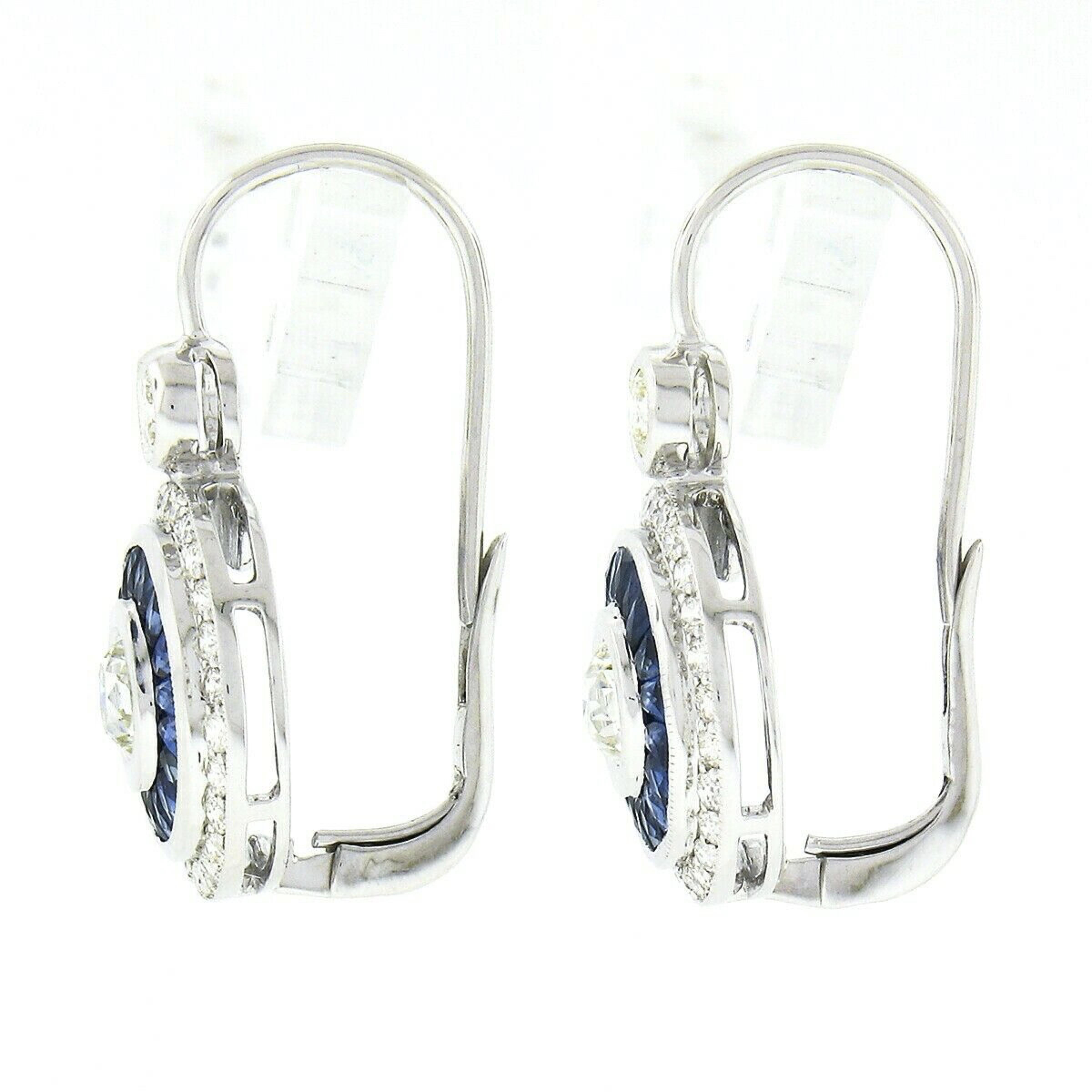French Cut New 14k White Gold European Bezel Diamond W/ Calibre Sapphire Halo Drop Earrings For Sale