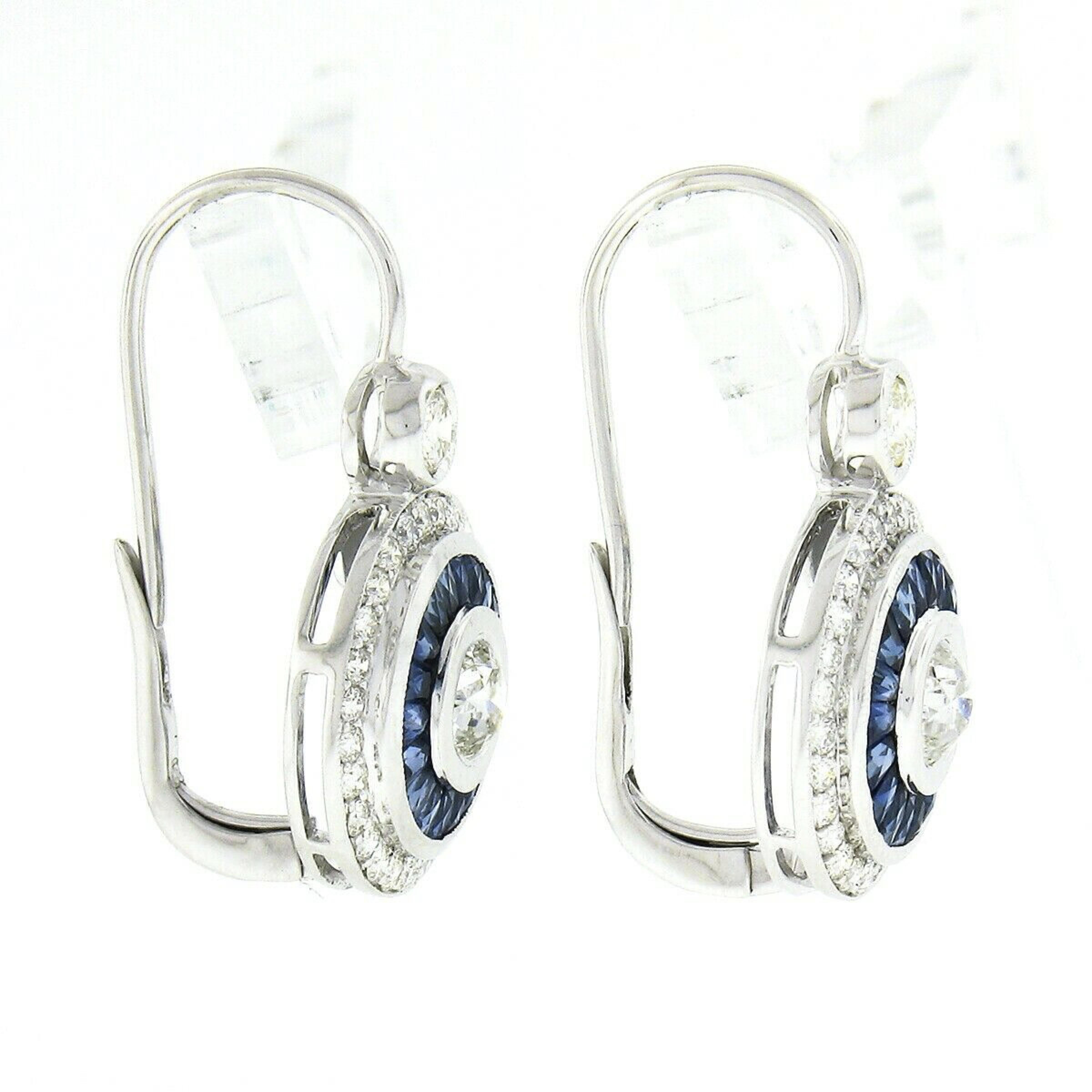 New 14k White Gold European Bezel Diamond W/ Calibre Sapphire Halo Drop Earrings In New Condition For Sale In Montclair, NJ