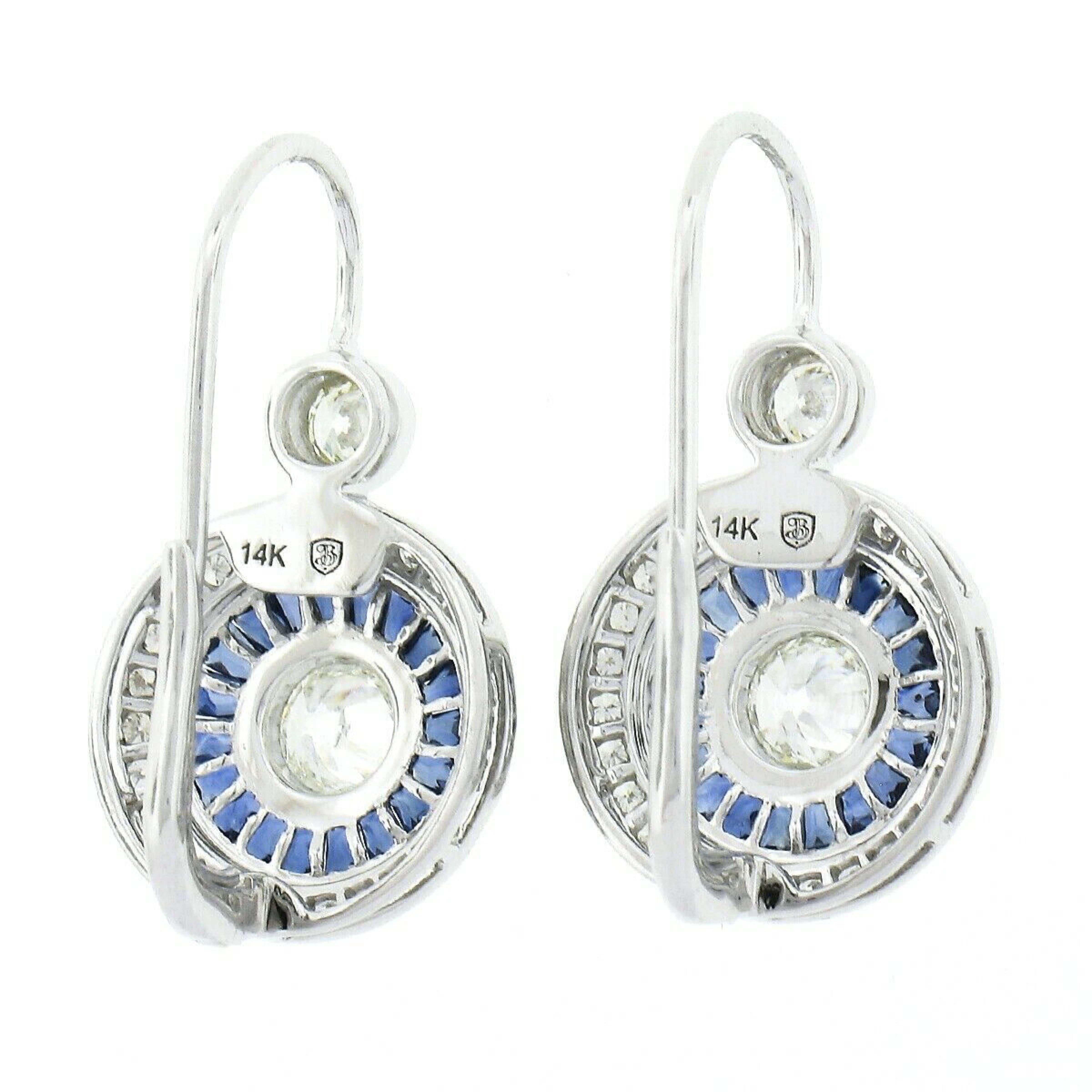 Women's New 14k White Gold European Bezel Diamond W/ Calibre Sapphire Halo Drop Earrings For Sale