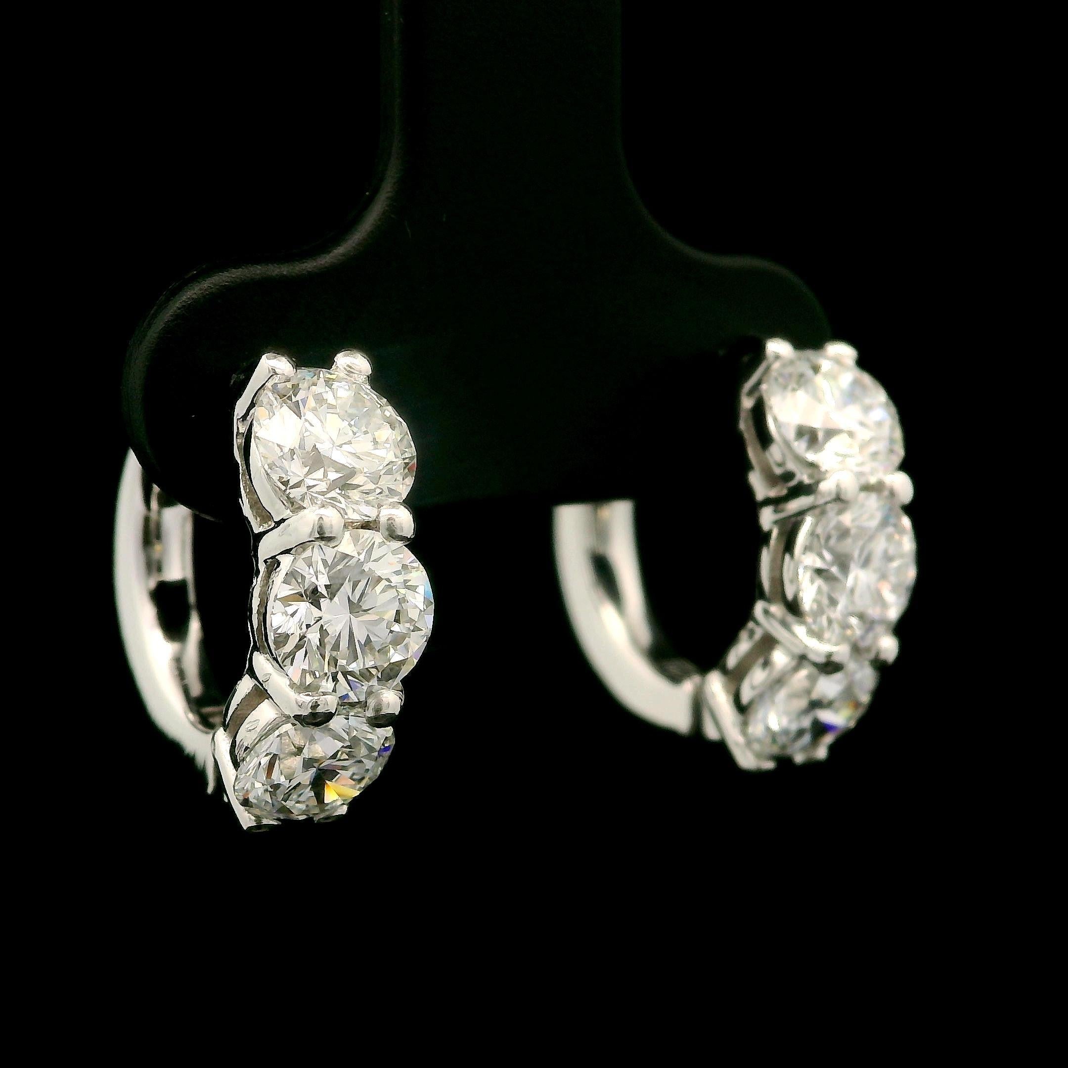 New 14k White Gold GIA 2.72ctw D VS1 Round Diamond Hoop Earrings w/ Push Clasp For Sale 1
