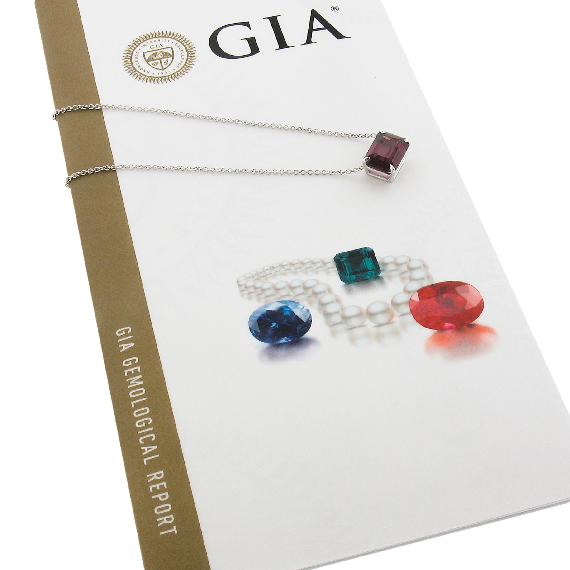 NEW 14k White Gold GIA 5.22ct Emerald Step Cut Rhodolite Garnet Pendant Necklace For Sale 4