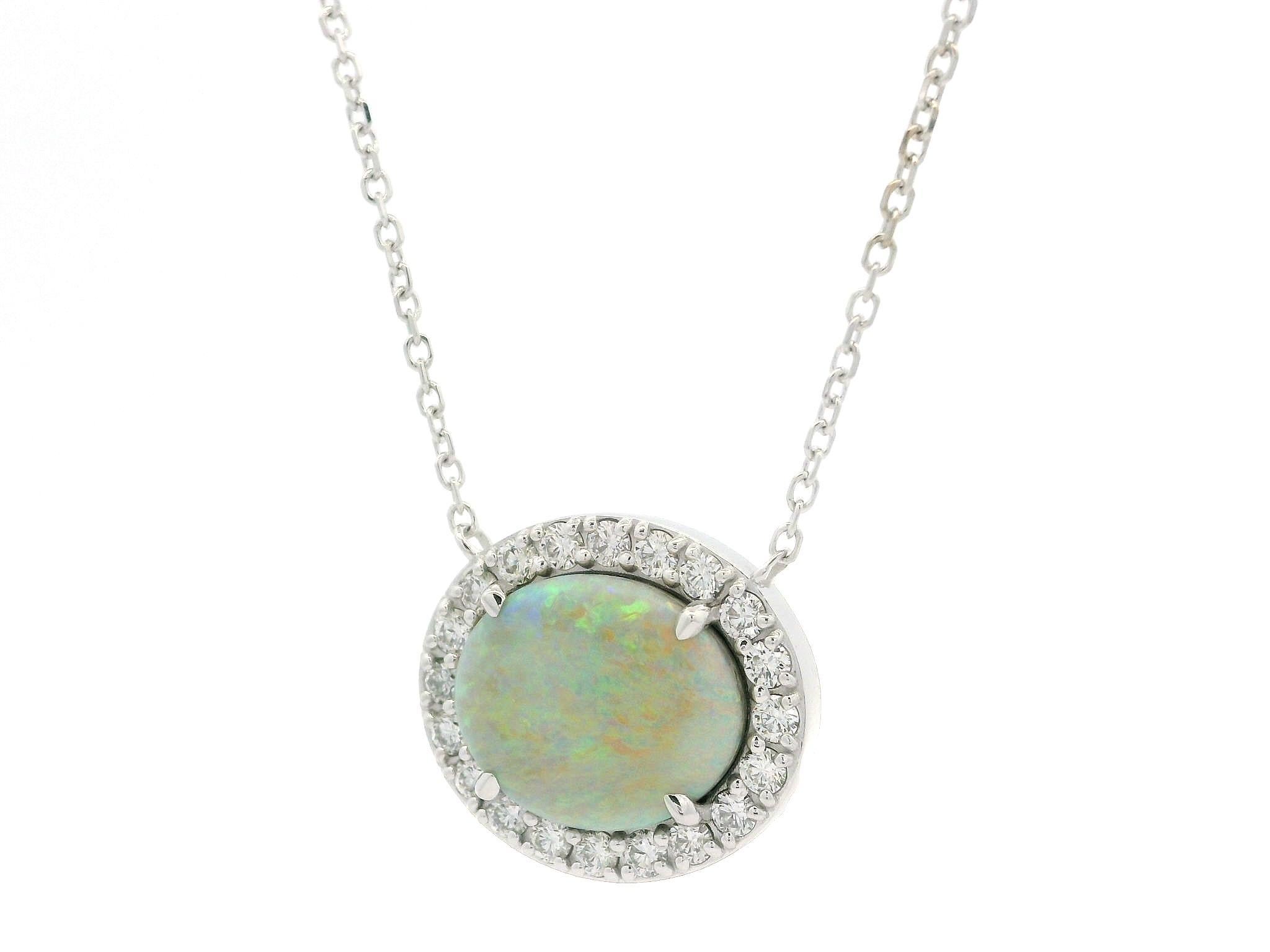 New 14k White Gold GIA 6.83ctw Opal w/ Diamond Halo Sideway Pendant Necklace en venta 1