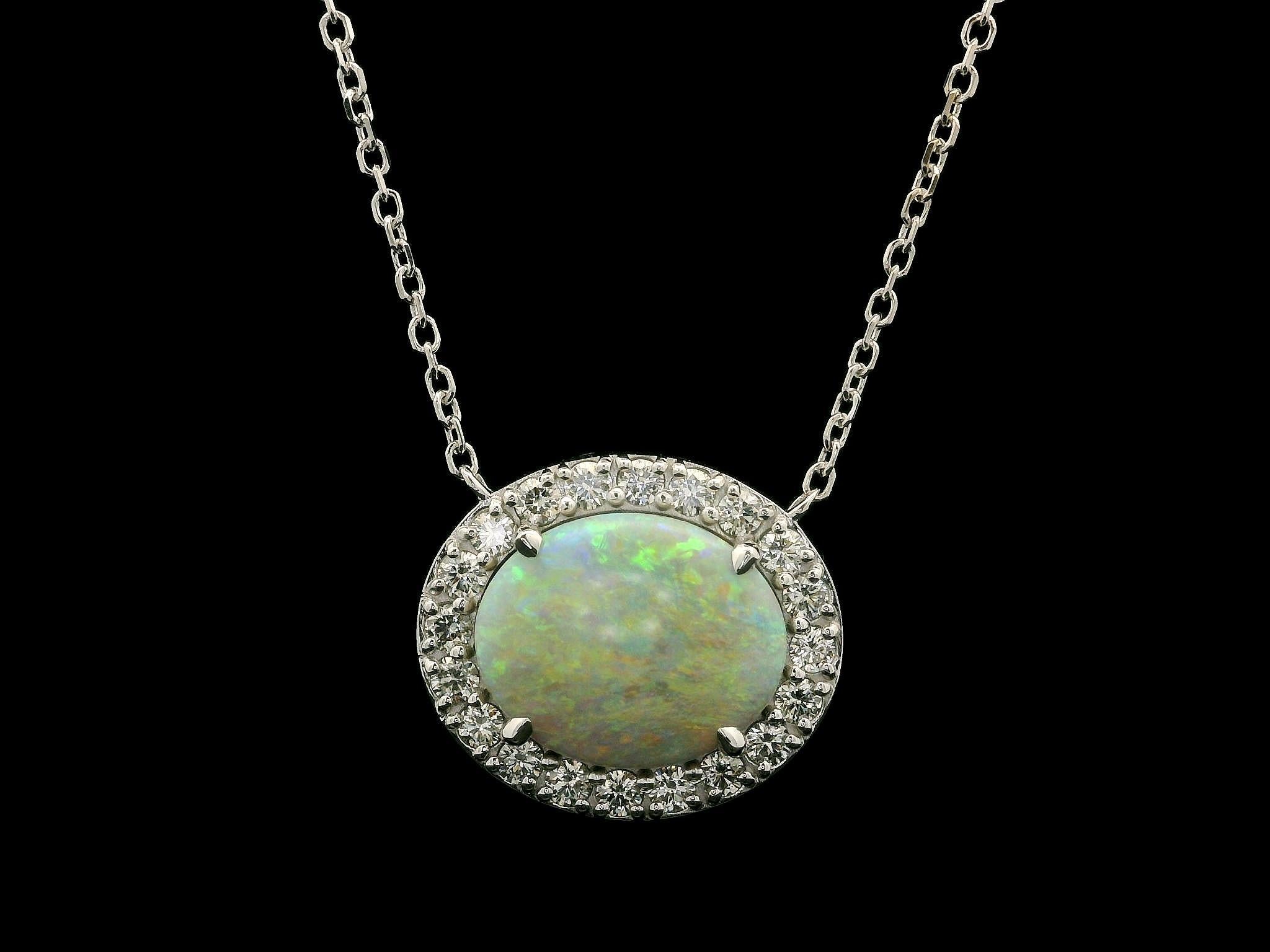 New 14k White Gold GIA 6.83ctw Opal w/ Diamond Halo Sideway Pendant Necklace en venta 3