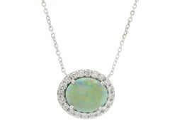 New 14k White Gold GIA 6.83ctw Opal w/ Diamond Halo Sideway Pendant Necklace