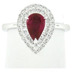 New 14k White Gold GIA No Heat Pear Ruby Solitaire w/ Diamond Double Halo Ring