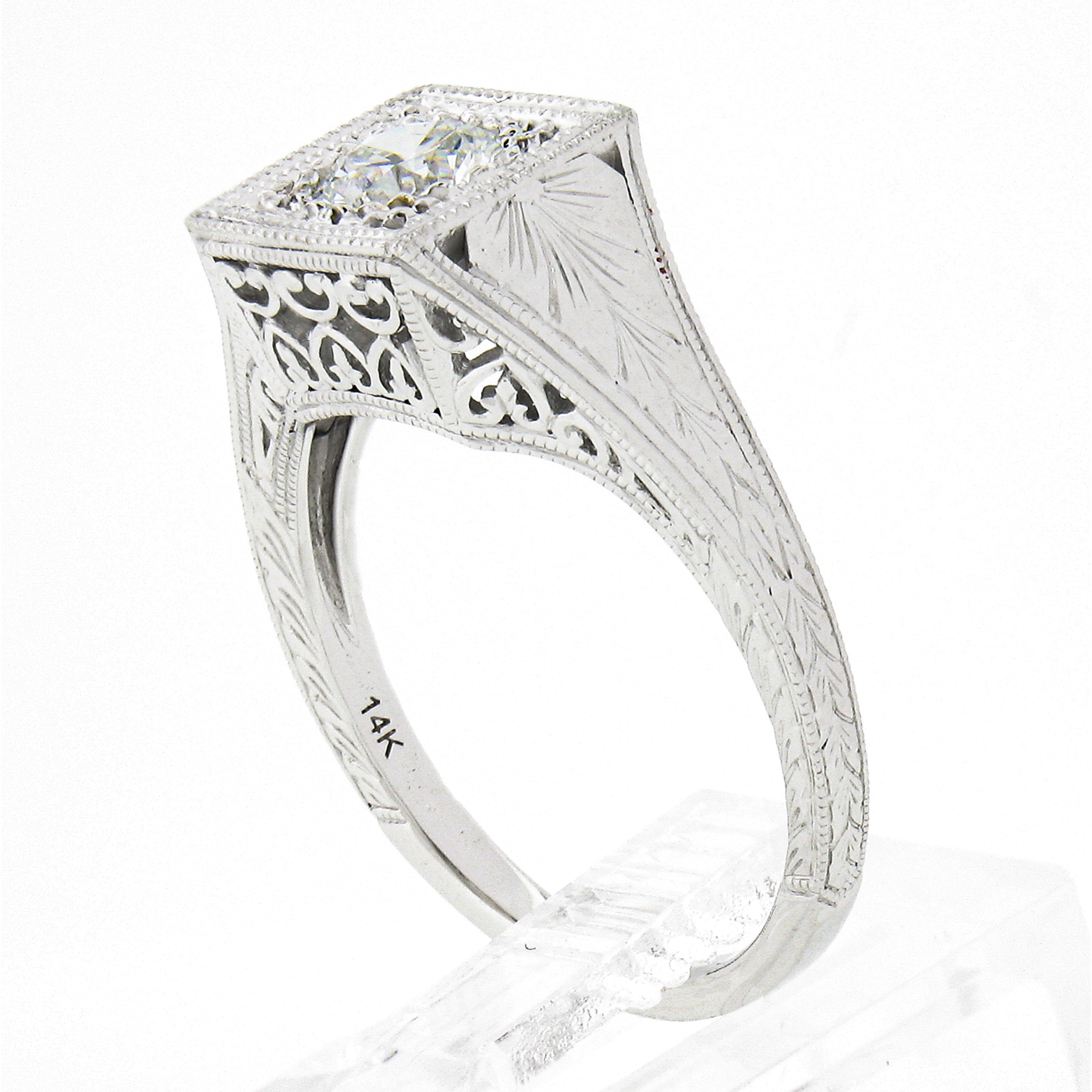 NEW 14k White Gold GIA Round Brilliant Diamond Milgrain Hand Engraved Sides Ring For Sale 5