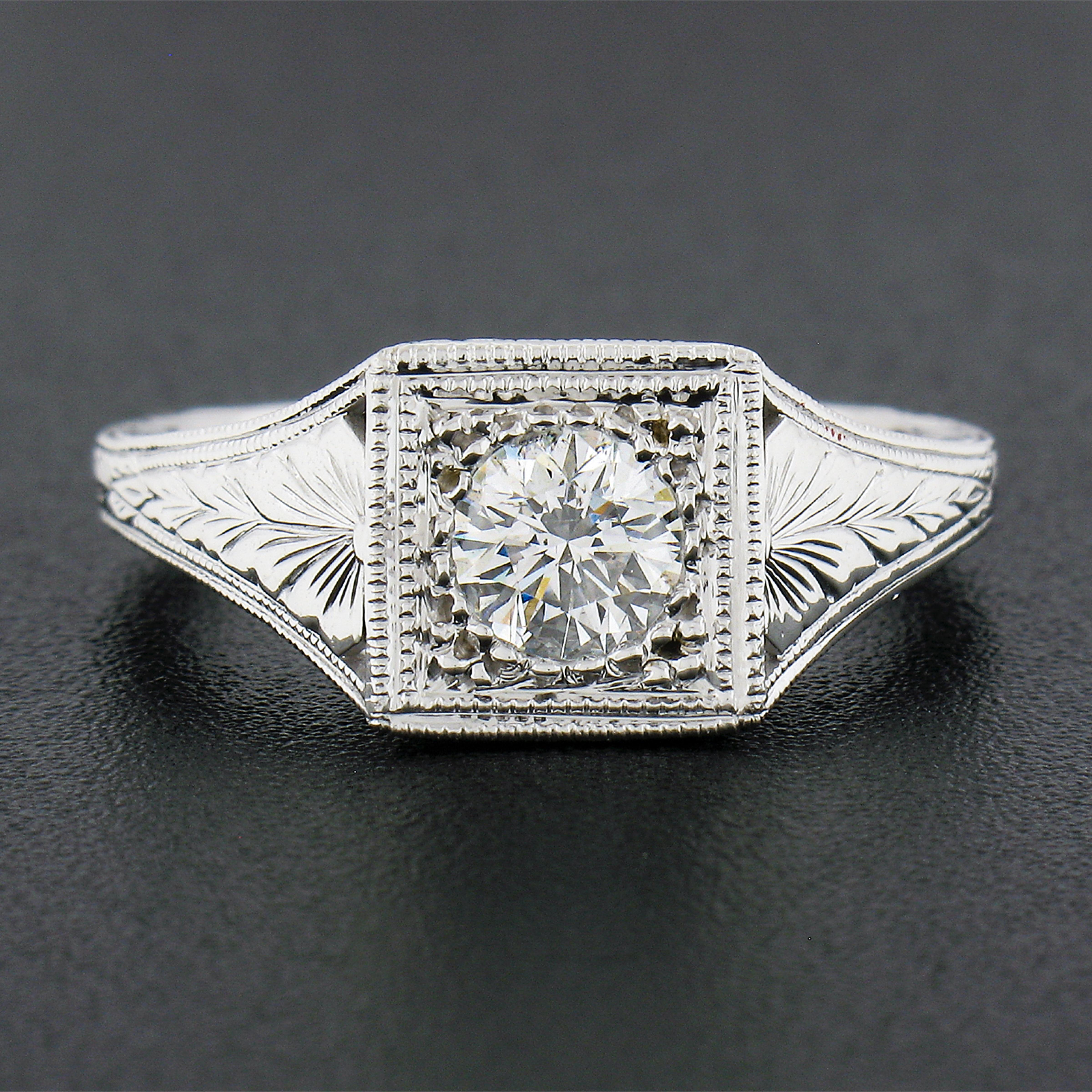 Round Cut NEW 14k White Gold GIA Round Brilliant Diamond Milgrain Hand Engraved Sides Ring For Sale