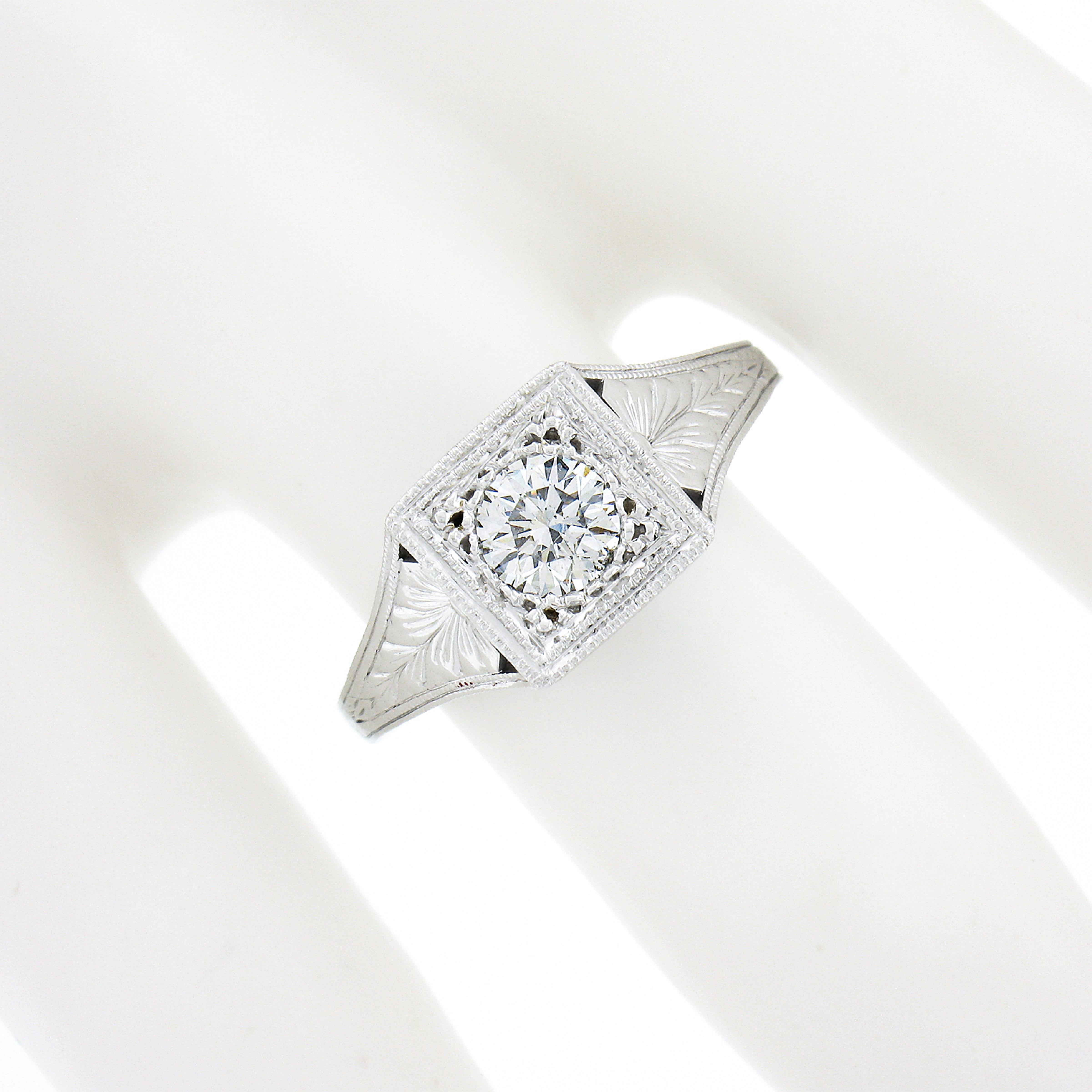 Women's NEW 14k White Gold GIA Round Brilliant Diamond Milgrain Hand Engraved Sides Ring For Sale