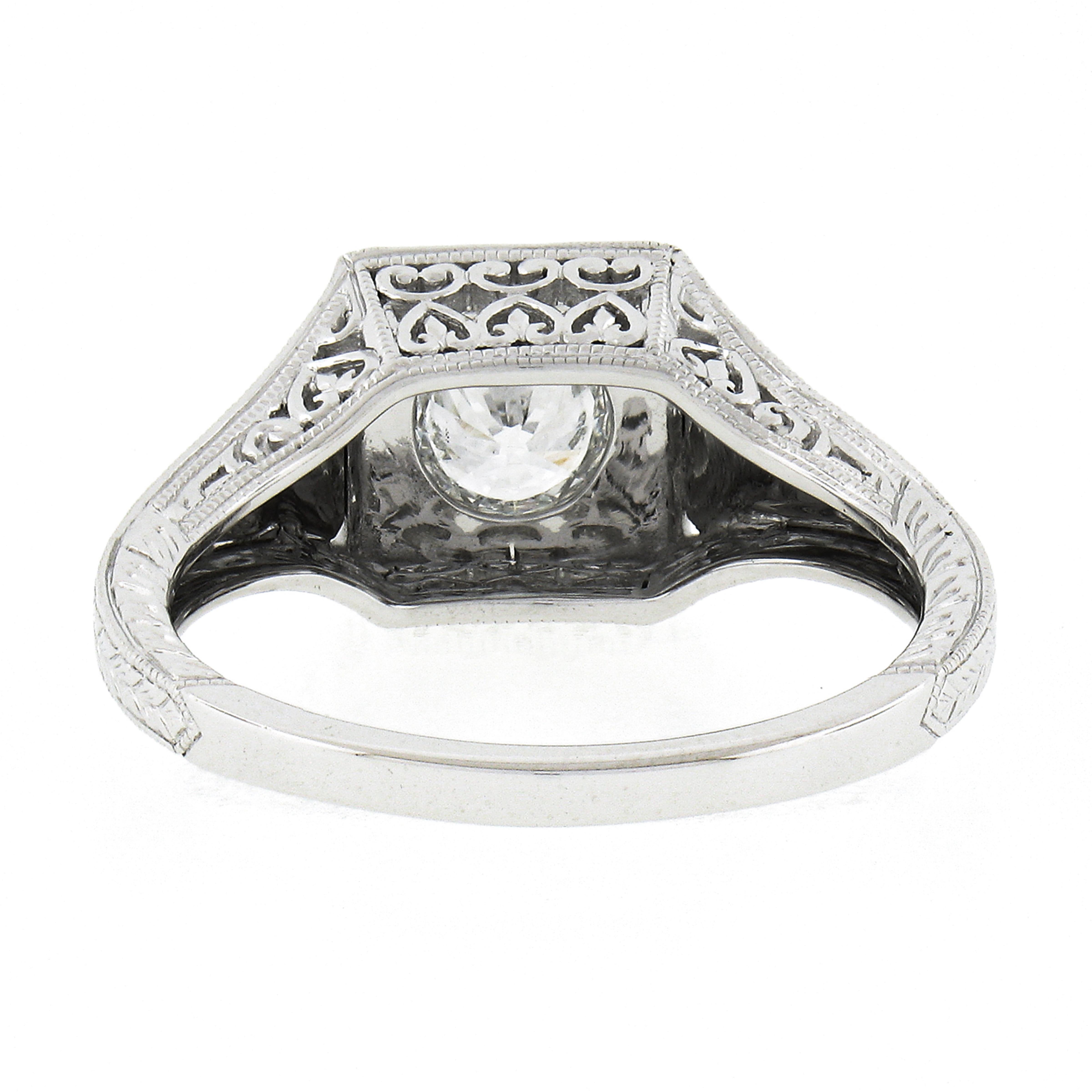 NEW 14k White Gold GIA Round Brilliant Diamond Milgrain Hand Engraved Sides Ring For Sale 3
