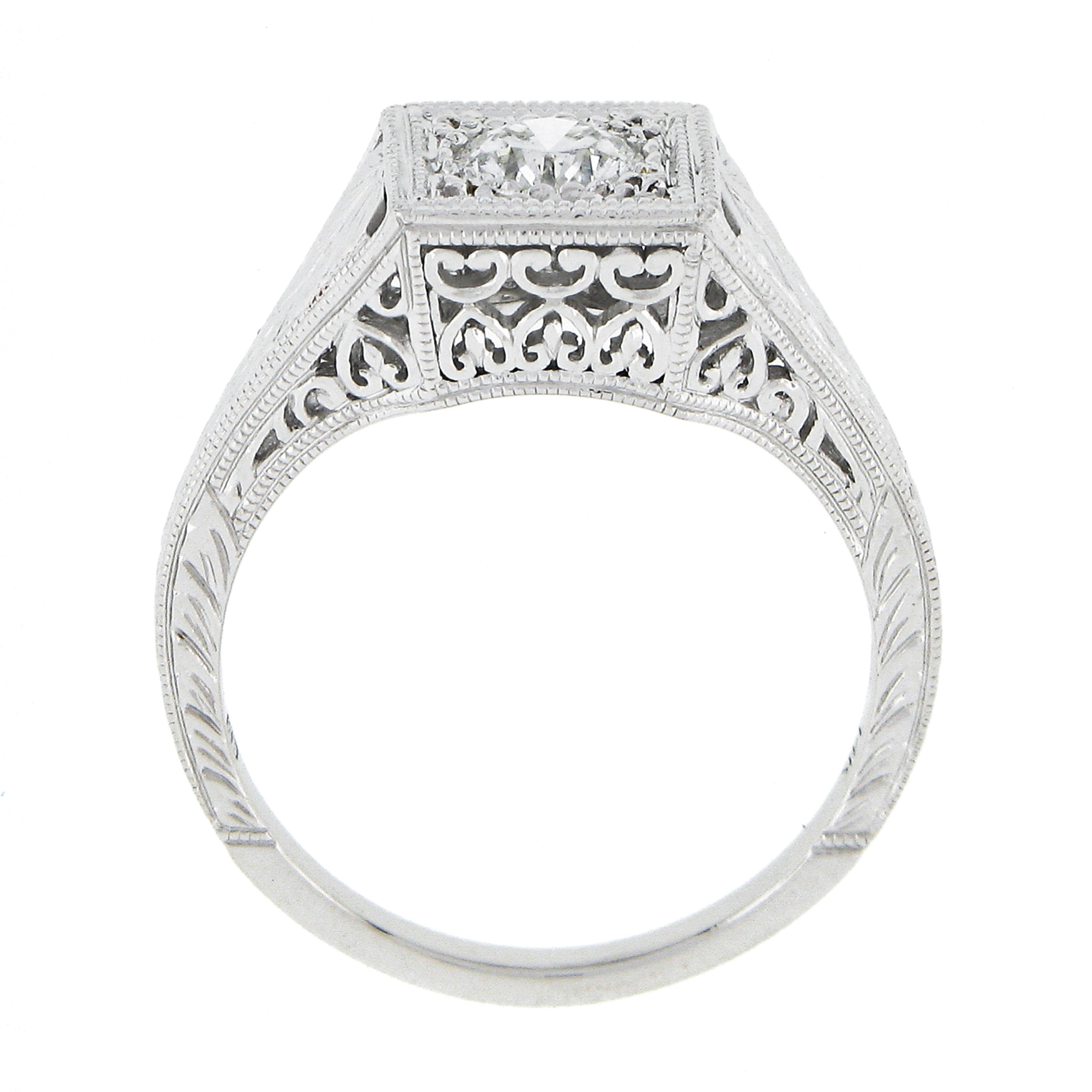 NEW 14k White Gold GIA Round Brilliant Diamond Milgrain Hand Engraved Sides Ring For Sale 4