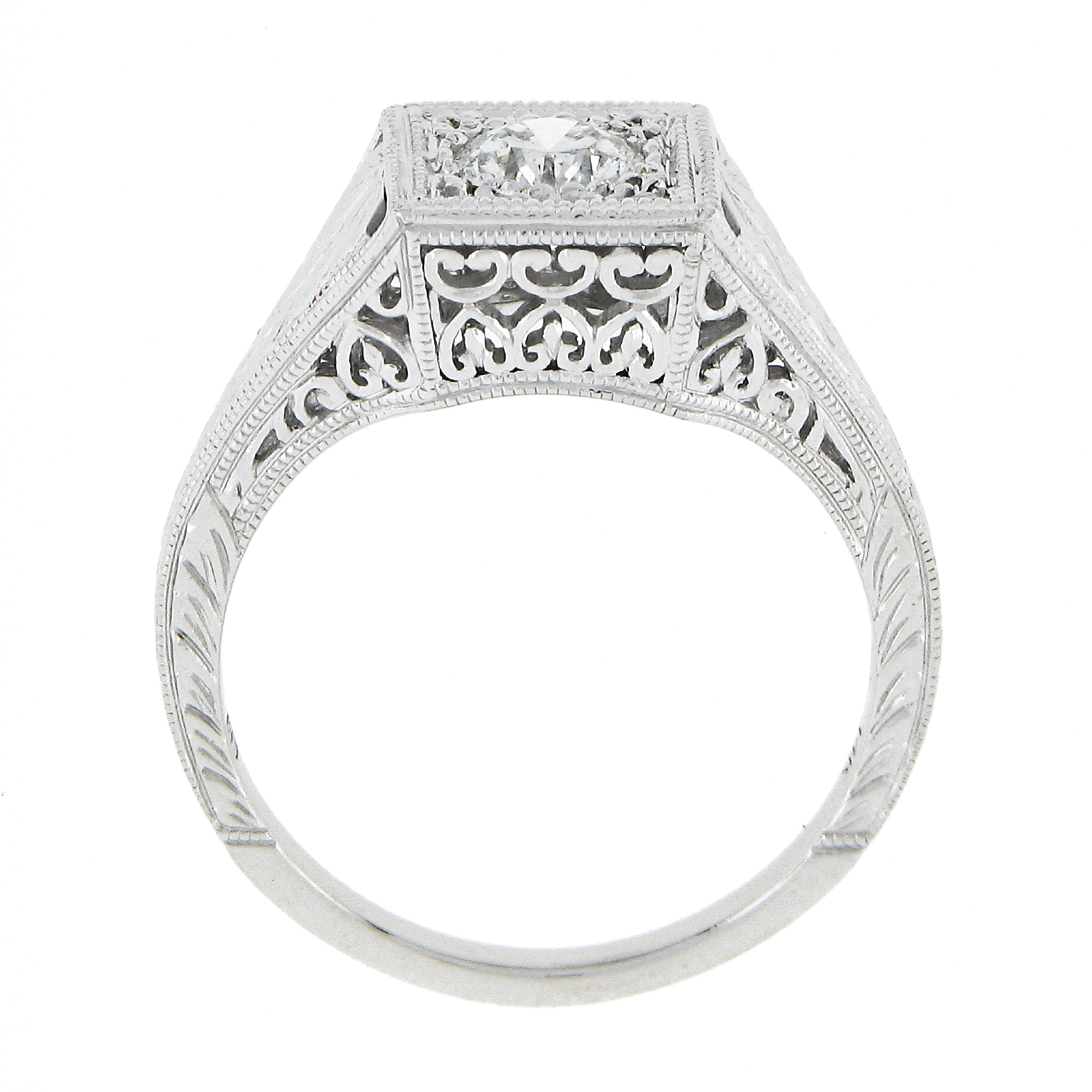 NEW 14k White Gold GIA Round Brilliant Diamond Milgrain Hand Engraved Sides Ring For Sale 4