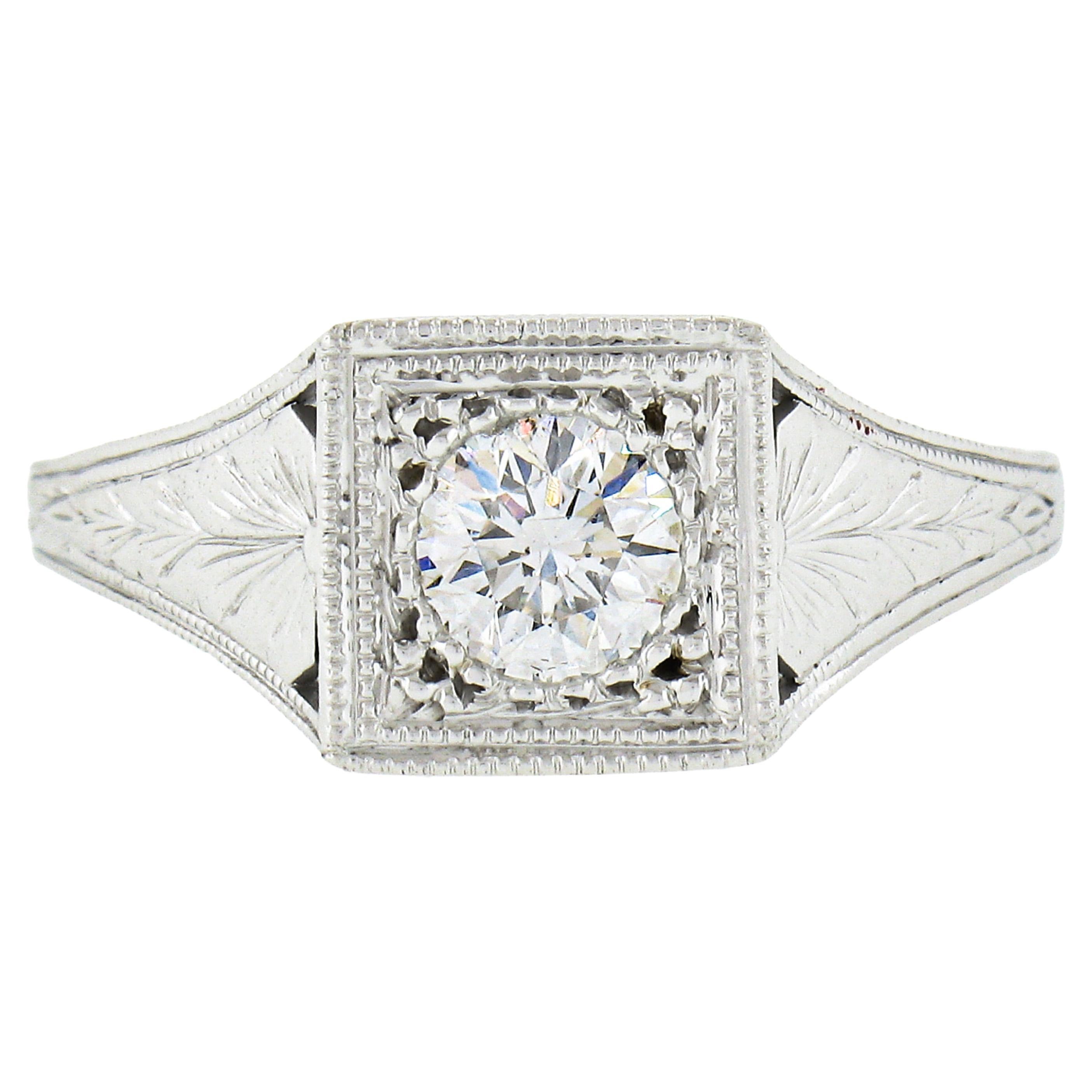 NEW 14k White Gold GIA Round Brilliant Diamond Milgrain Hand Engraved Sides Ring For Sale