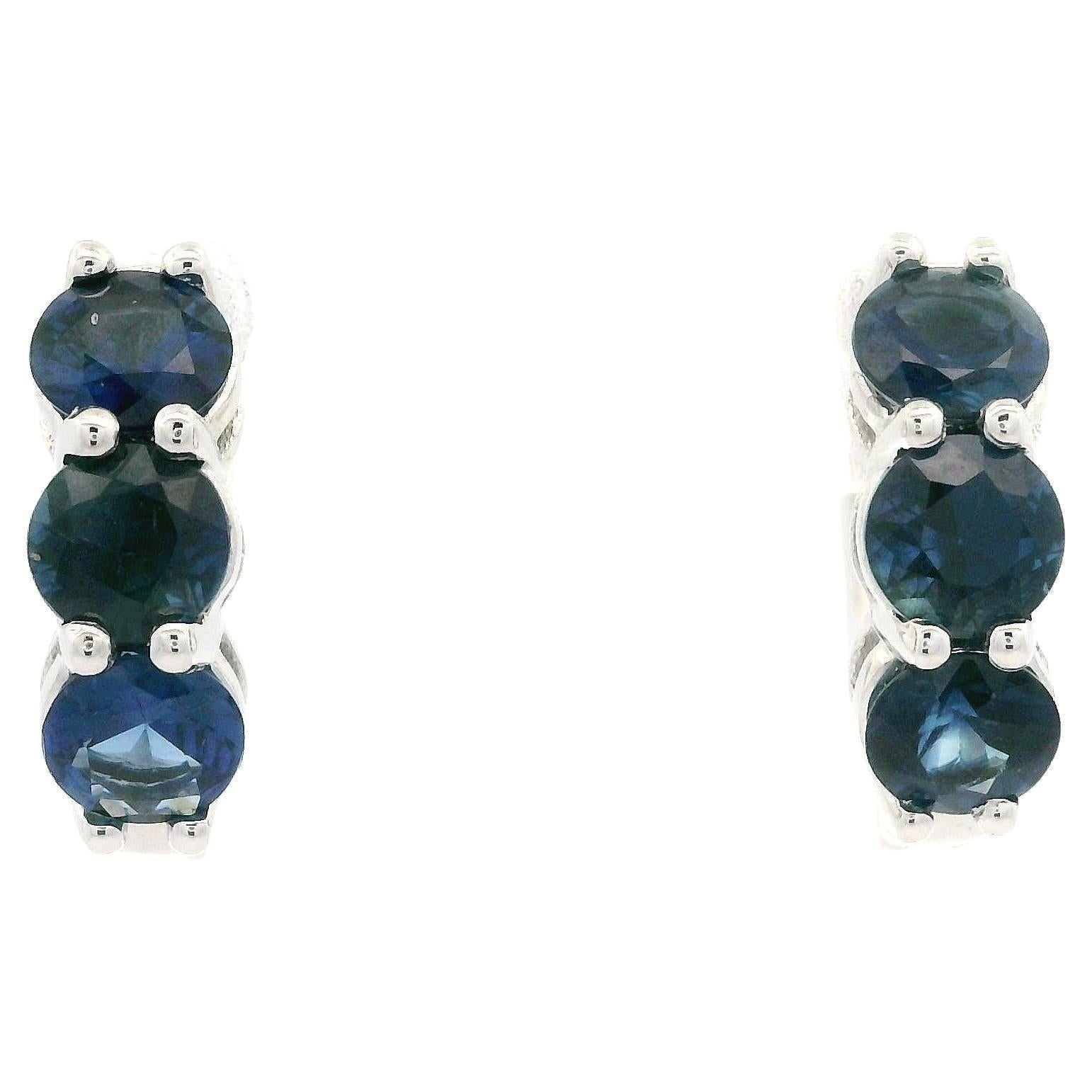 New 14k White Gold High Quality 1.97ctw Sapphire Hoop Huggie Push Latch Earrings
