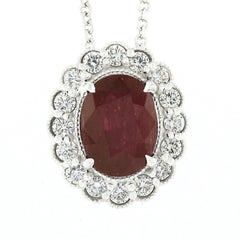 New 14k White Gold Oval Ruby Diamond Halo w/ Milgrain Flower Pendant & Chain