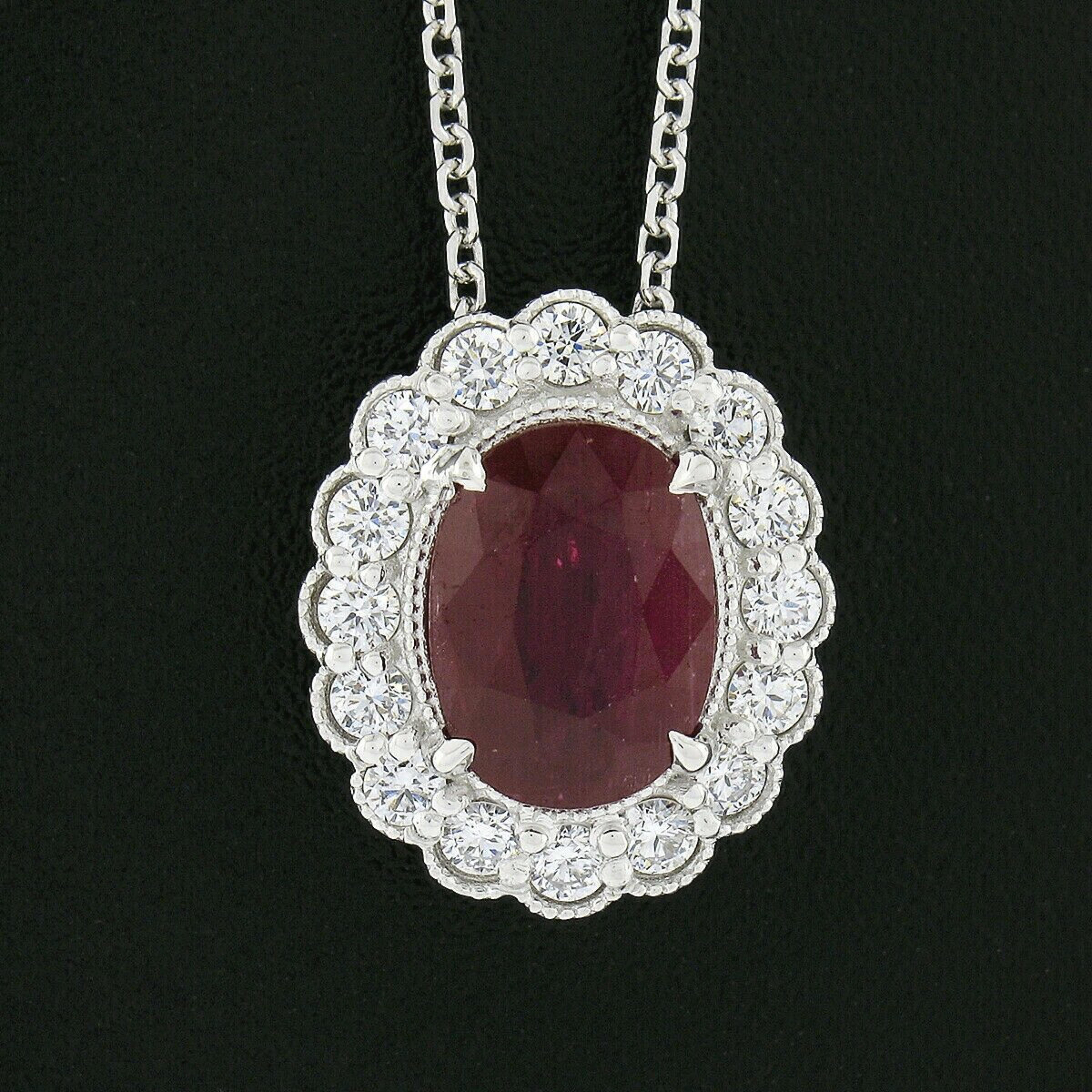Oval Cut New 14k White Gold Oval Ruby Diamond Halo w/ Milgrain Flower Pendant & Chain For Sale