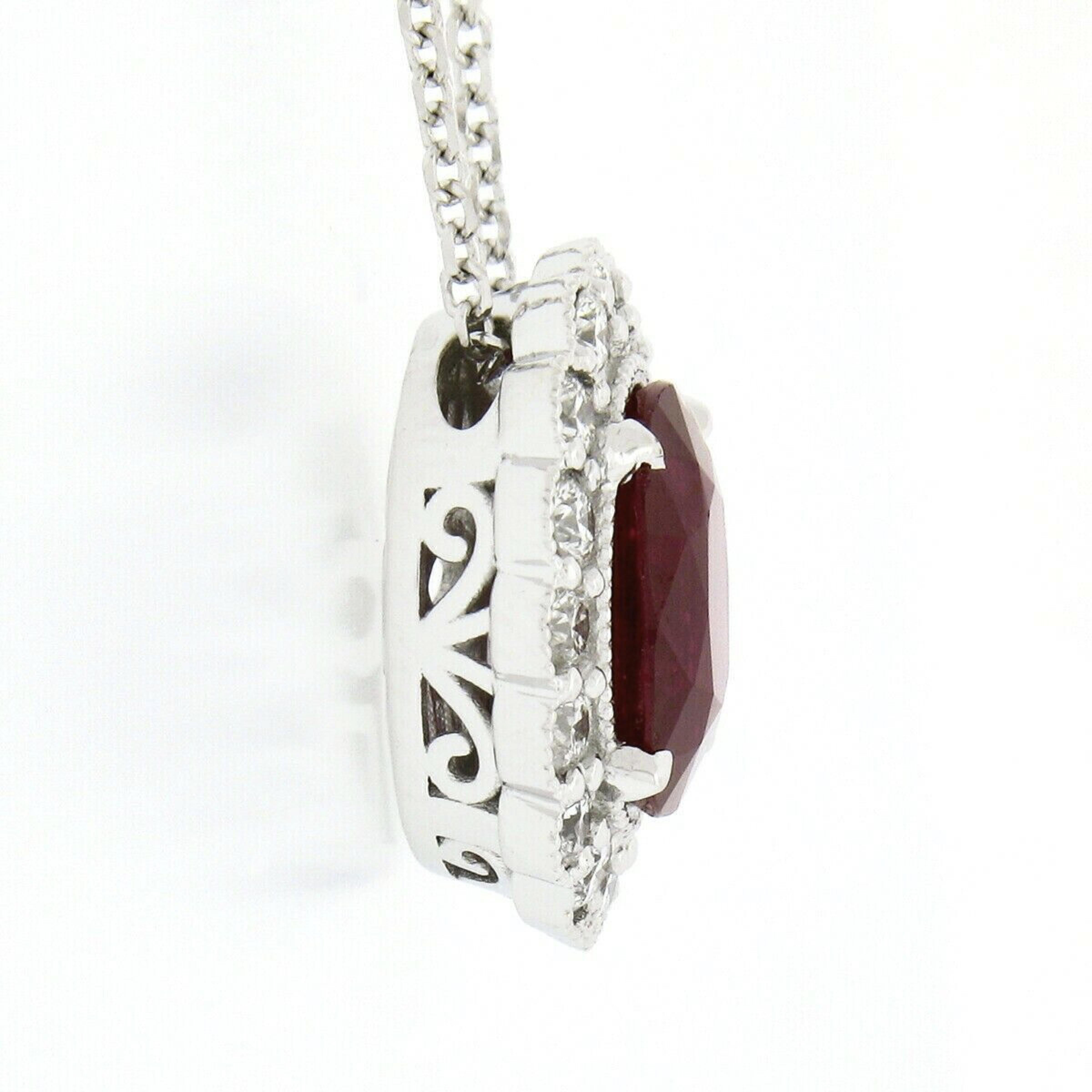 New 14k White Gold Oval Ruby Diamond Halo w/ Milgrain Flower Pendant & Chain In New Condition For Sale In Montclair, NJ