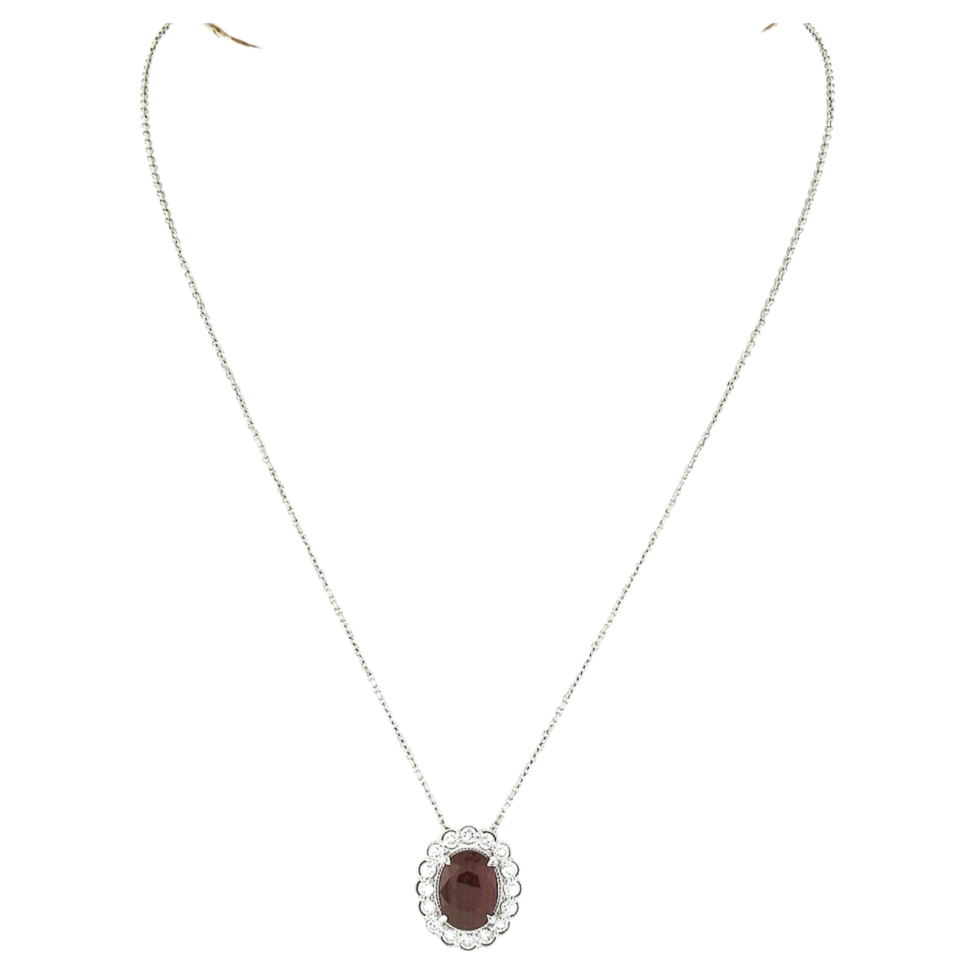 New 14k White Gold Oval Ruby Diamond Halo w/ Milgrain Flower Pendant & Chain