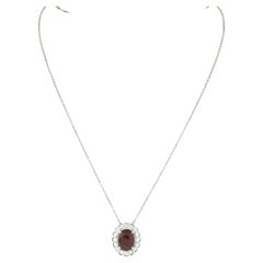 New 14k White Gold Oval Ruby Diamond Halo w/ Milgrain Flower Pendant & Chain