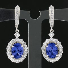 New 14k White Gold Oval Tanzanite & Round Brilliant Diamond Drop Dangle Earrings