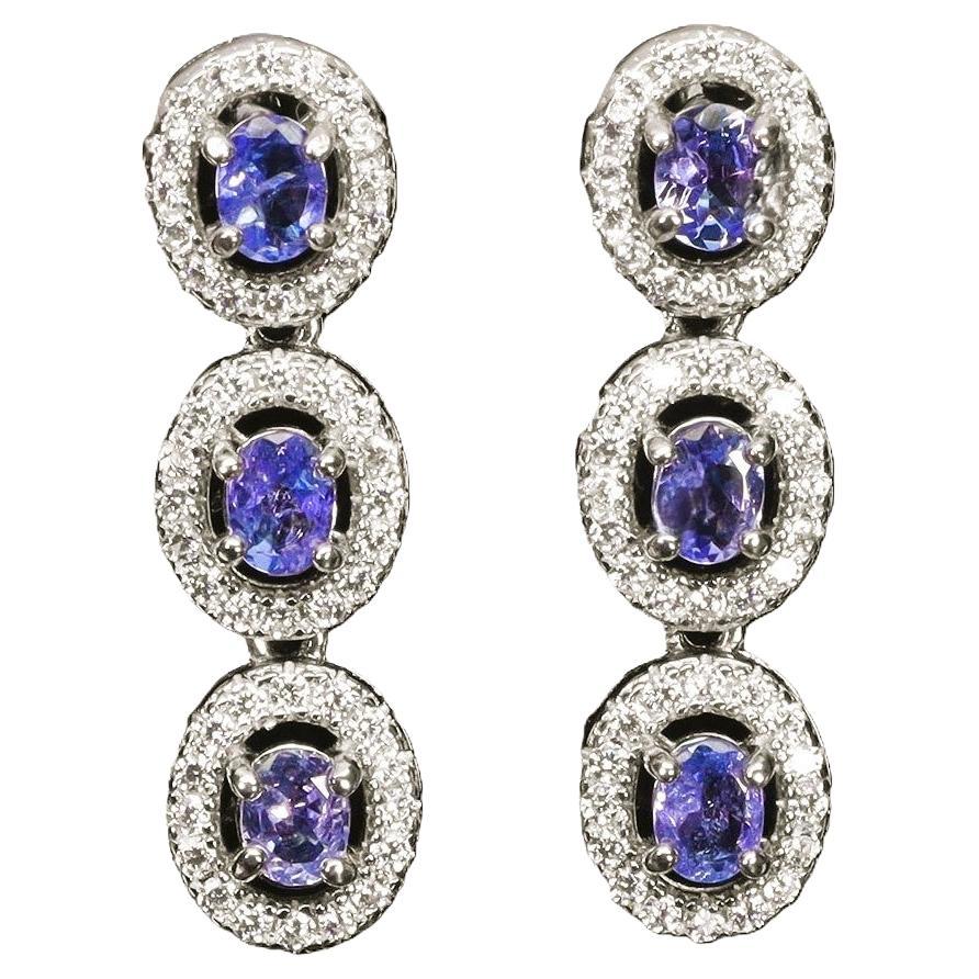 New 14k White Gold P 1.3 Carat Tanzanite 
Diamond Cut Sapphire Sterling Earring For Sale